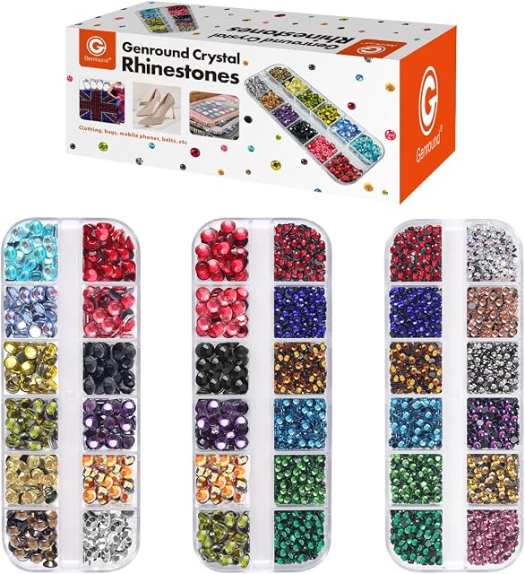 Genround Hotfix Rhinestones, Flatback Rhinestones for Crafts, Round Crystal Rhinestones for DIY Making, for Clothes, Shoes, Bags, Face Art (24 Colors, 3/6mm)