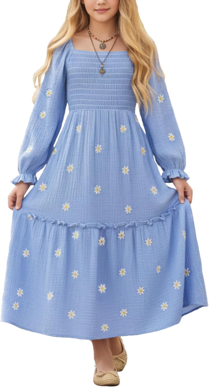 Sunny Spirit Girls Dresses Spring Maxi Tween Boho Floral Long Puff Sleeves Square Neck Embroidered Smocked Dresses 5-14 Years