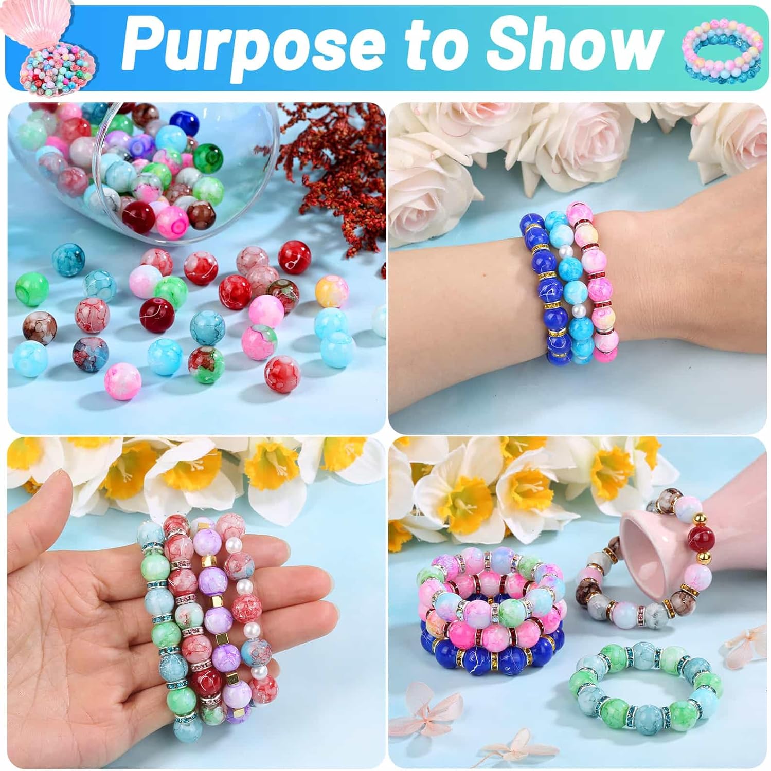 360pcs 10mm Glass Beads for Bracelet Making and Jewelry Making, 24 Colors Marble Crystal Pattern Stone Beads Round Gemstone Beads for Earring Necklace Bracelet and Jewelry Making - Image 2