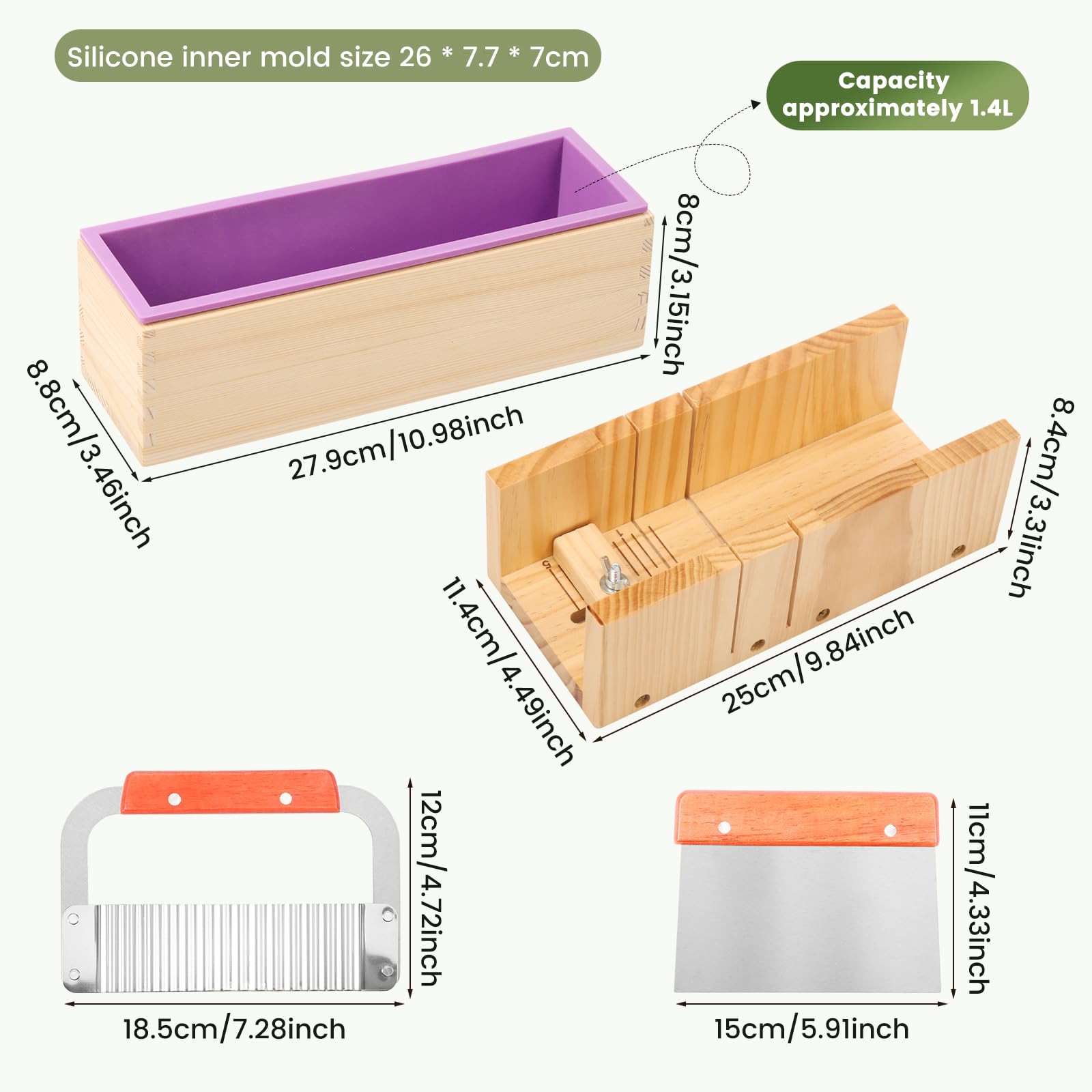 Set di tagliasapone in legno, fatto a mano, con tavolo da taglio regolabile, rettangolare, in silicone, in acciaio inox, coltello dritto per la produzione di sapone fai da te