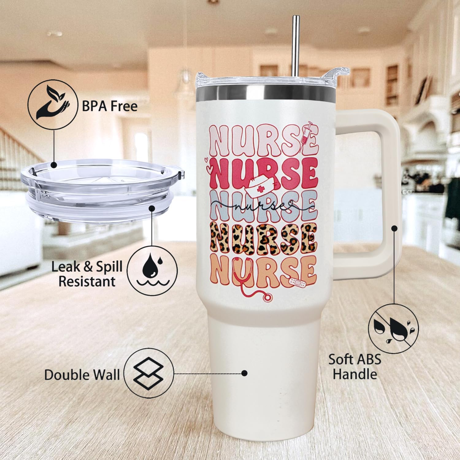 Ceovfoi 40 oz Nurse Vacuum Insulated Water Bottle Travel Coffee Mug Cup Tumbler with Handle Lid and Straw,Nurse Gifts for Women - Image 4