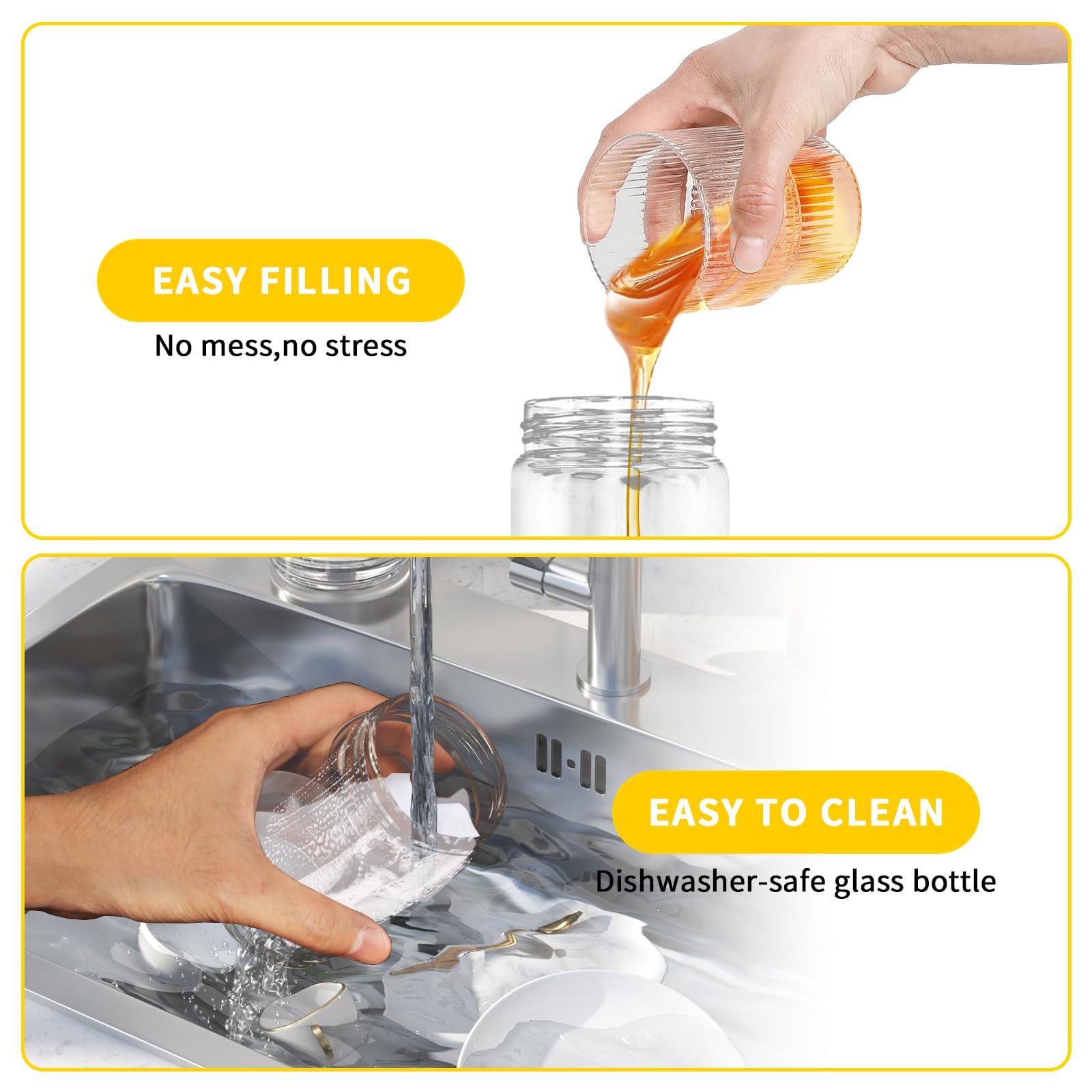 Tefola Dispenser per miele, in vetro, per sciroppo d'acero, antigoccia, con manico, accessori per caffetterie per pancake, caffè, ciotole per cereali, insalata, cucina e bar (giallo, 315ml)