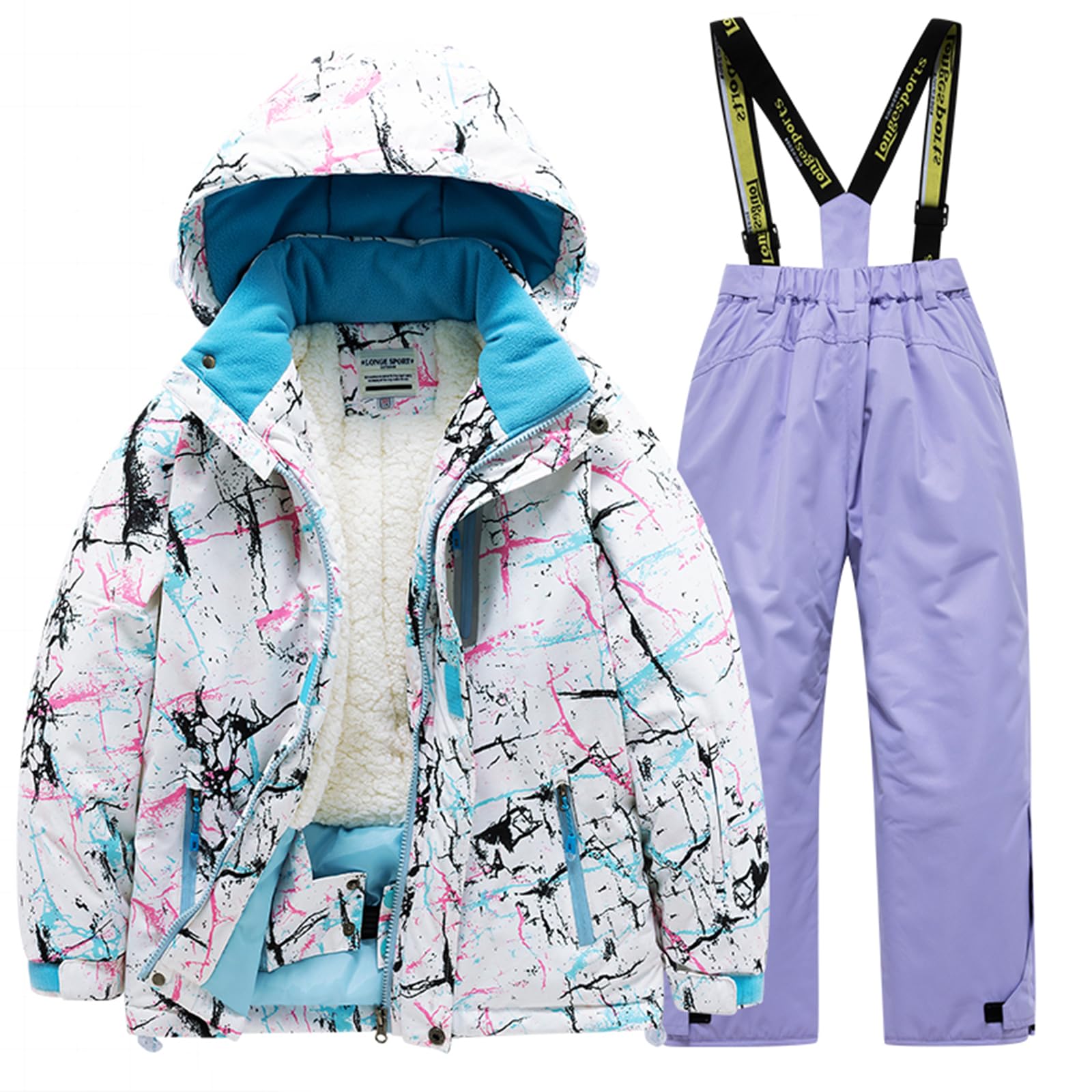 Skijacke Kinder Winter Skihose mit Träger Schneehose Mädchen Latzhose Gefüttert Winterjacke Warm Teddyfutter Schneeanzug Wasserdicht Ski Set Funktionsjacke Fleece Outdoor Winterhose Jungen