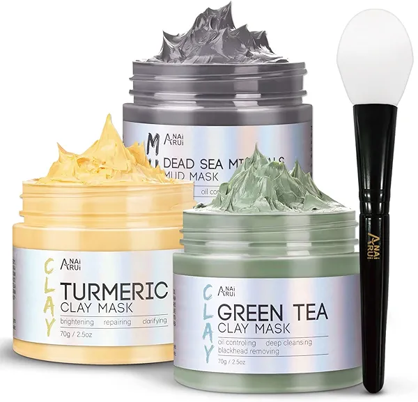 ANAI RUI Turmeric Clay Mask - Green Tea Clay Mask - Dead Sea Minerals Mud Mask, Spa Facial Mask Set, Face Mask Gift Set 2.5 oz each Orange