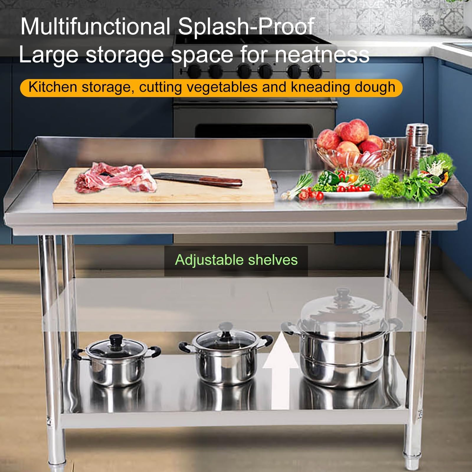 Mesa de Trabajo de Acero Inoxidable, Mesa de preparación para la Cocina, Mesa de Trabajo de Cocina Comercial de Servicio Pesado, Mesa de preparación de Mesa de Metal de 2 estanterías para Bar