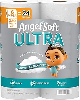 Angel Soft Ultra Toilet Paper, 6 Mega Rolls = 24 Regular Rolls, 2 Ply Toilet Tissue