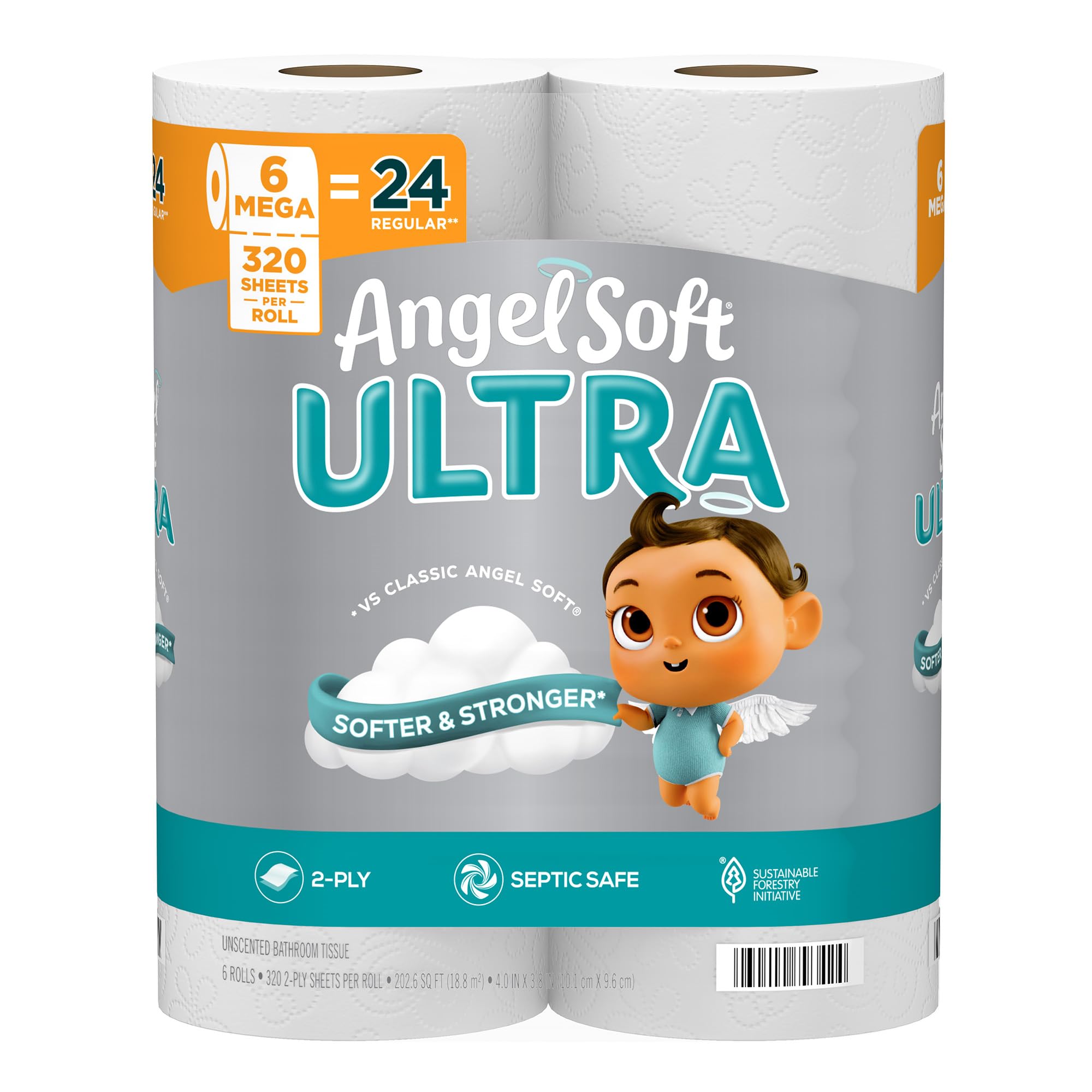 Angel Soft Ultra Toilet Paper, 6 Mega Rolls = 24 Regular Rolls, 2 Ply Toilet Tissue