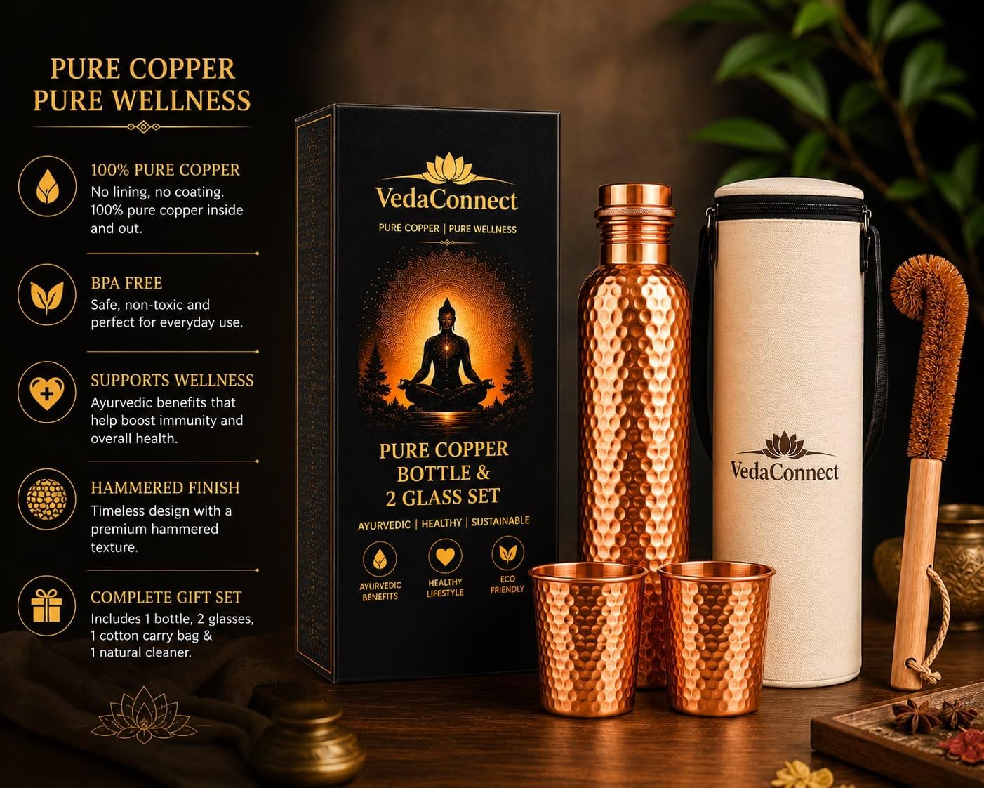 Hammered Copper Water Bottle 34 oz with Zip Bag, 2 Glasses & Cleaning Brush – 100% Pure, Leakproof Lid, Handmade Ayurvedic Drinkware, Premium Gift Box image 5