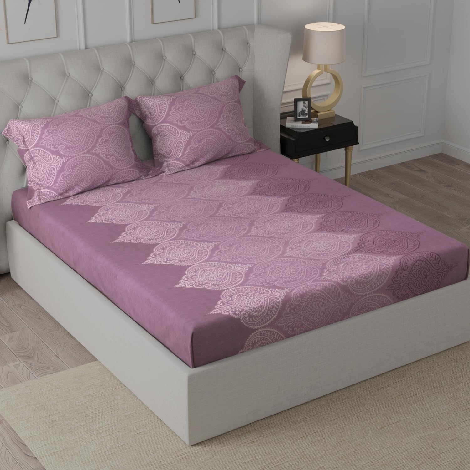 Cloth Fusion Glace Cotton Elastic Fitted Bedsheet Queen Size for Double Bed with 2 Pillow Covers (78X60 inches, Ogee Lavender)