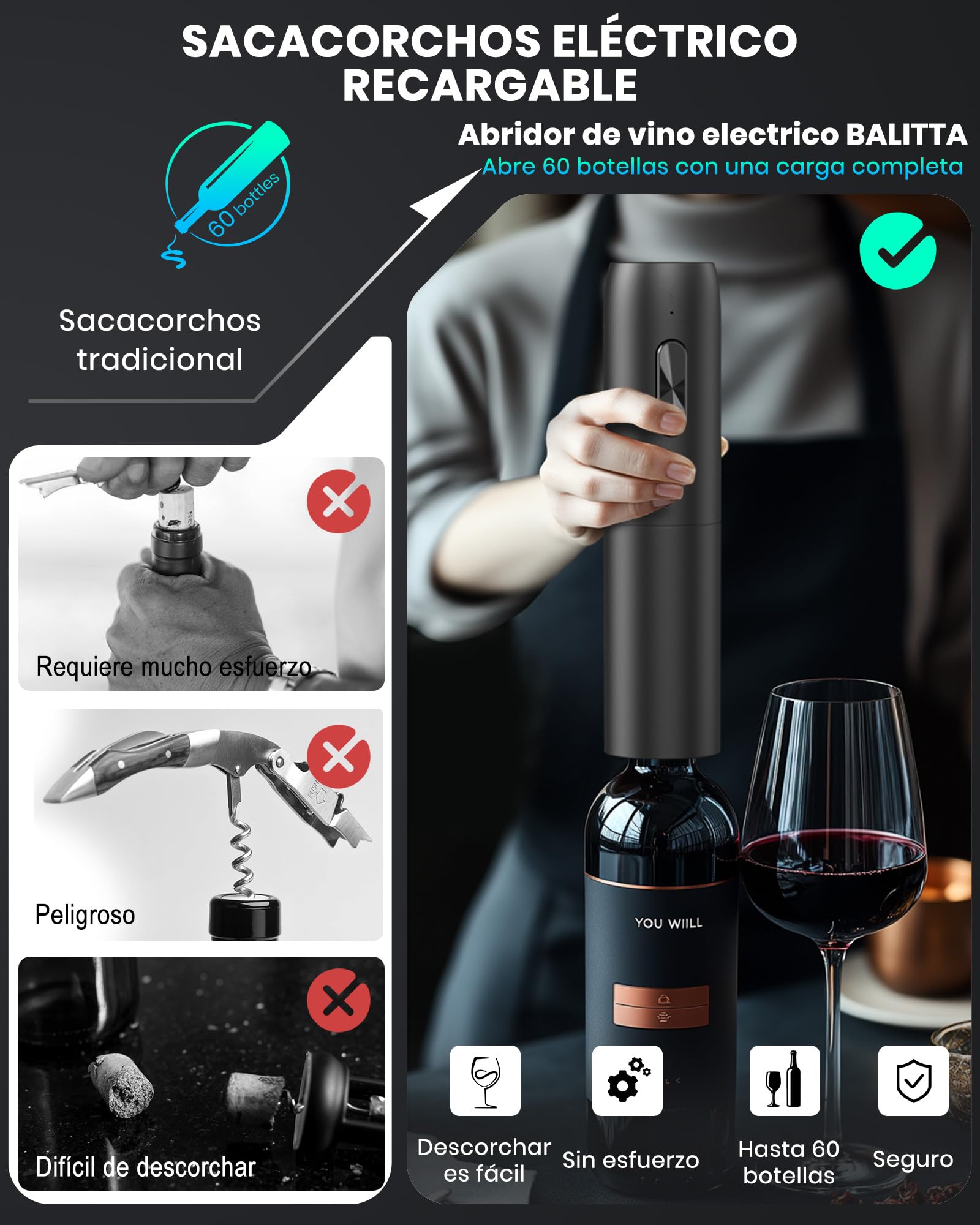Sacacorchos eléctrico recargable, abridor de vino electrico abrebotellas profesional Regalo cumpleaños hombre mujere con cable de carga USB para amantes del vino Casa Cocina Fiesta Bar Boda