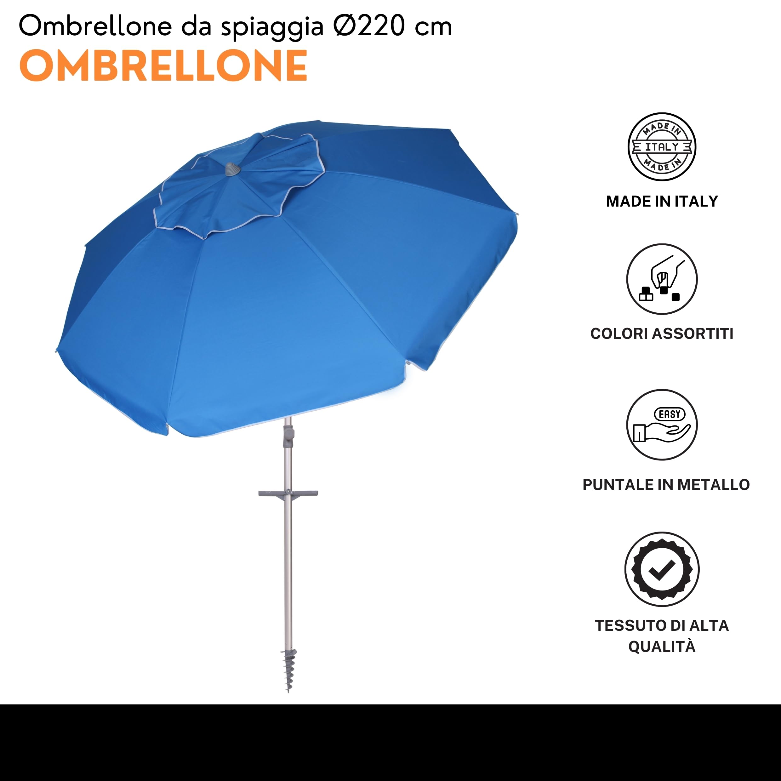 Ombrellone da Spiaggia Soffietto Antivento Ø 220cm Palo Inclinabile in Alluminio e Telo in Poliestere Azzurro Con Trivella in Plastica e Sacca Trasporto Protezione UV