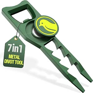 7-in-1 Metal Golf Divot Tool with Magnetic Ball Marker, Tee Height Setter, Bottle Opener, Groove Cleaner, Putting Alignment, Club Tee - Green