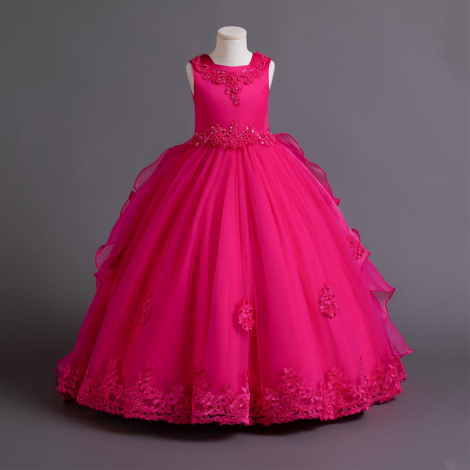 Vestito da principessa in tulle a forma di fiore, per damigella d'onore, comunione, festa di compleanno, concorso, maxi abito da ballo per bambini