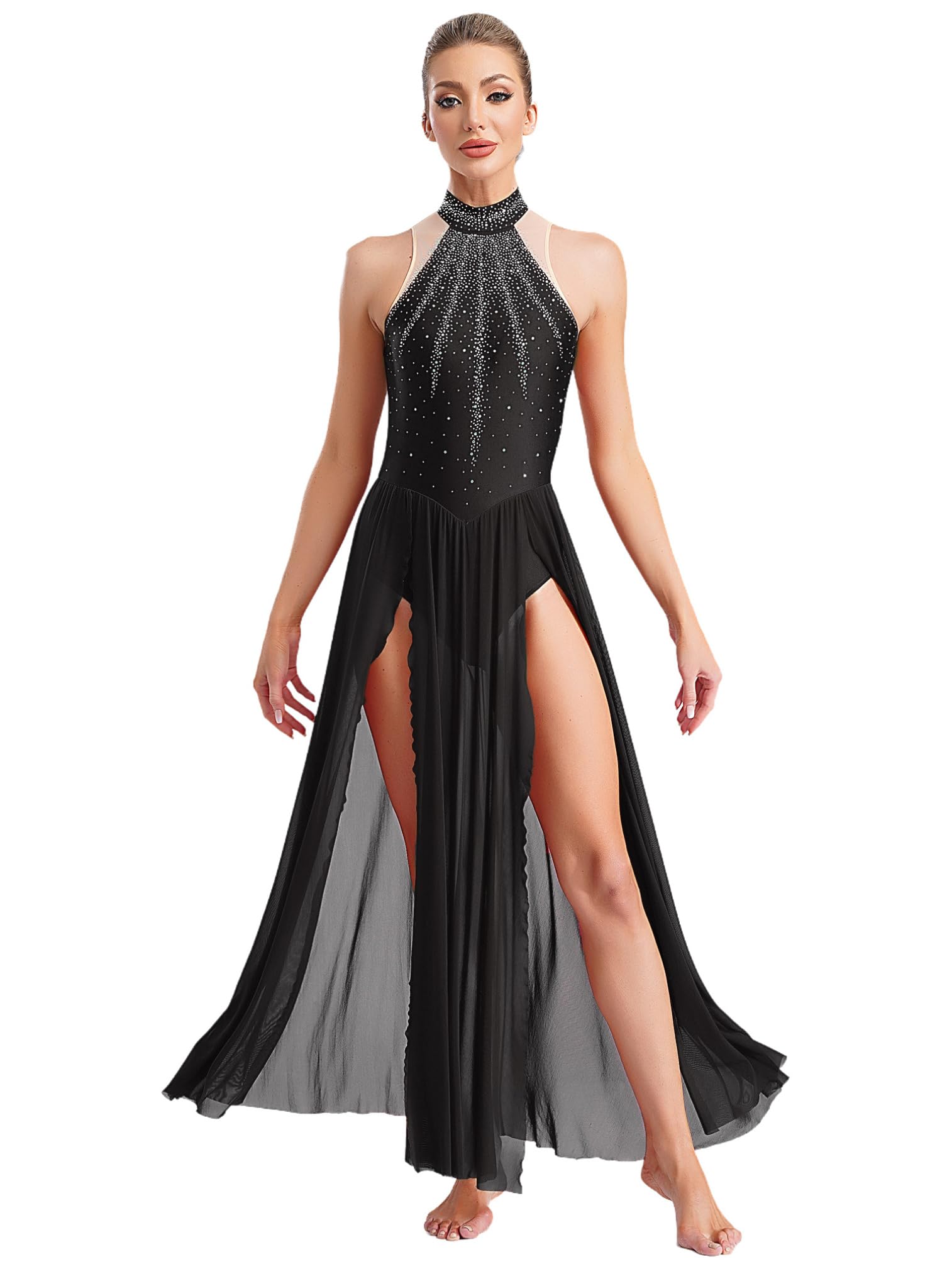 ranrann Femme Robe Danse Contemporaine sans Manches Robe Danse Lyrique Strass Justaucorps Gymnastique Tenue