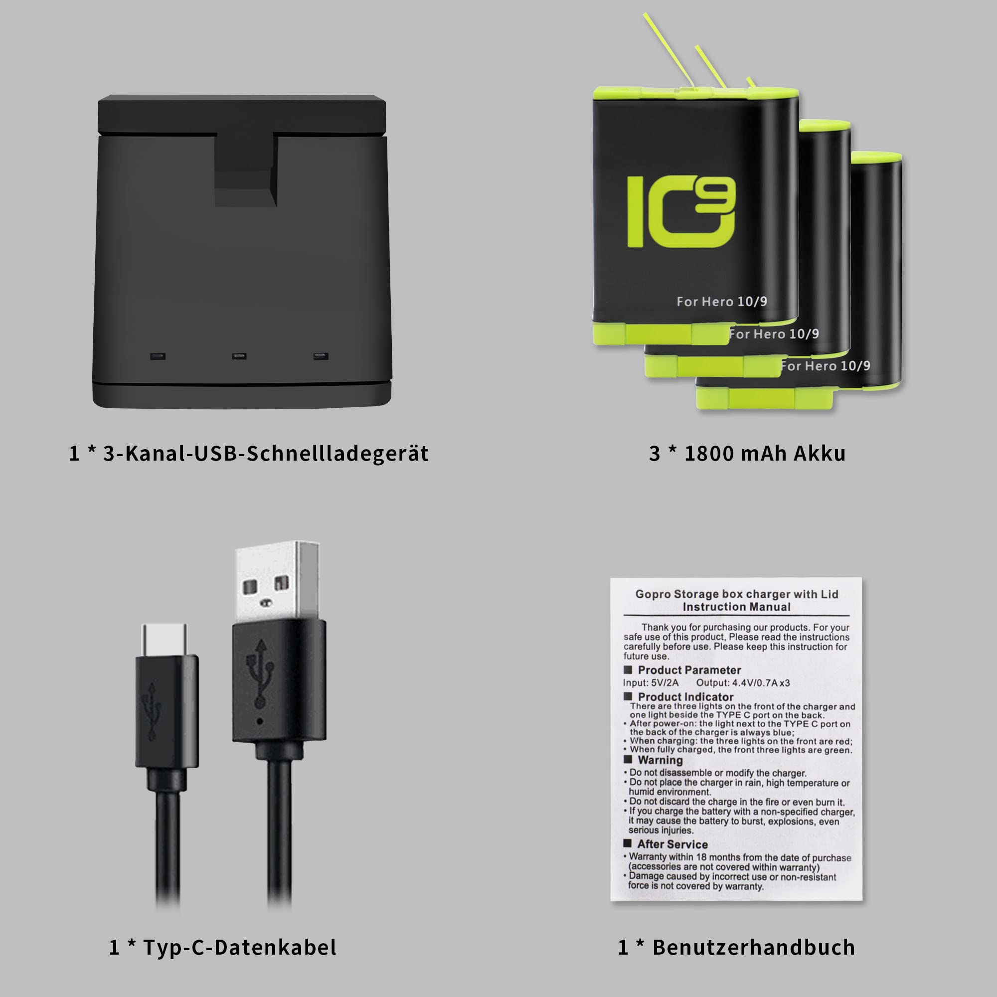 Zestaw ładowarki i baterii do GoPro 10 9 Akcesoria do kamer akcji Bateria 1800mAh Ładowarka ze wskaźnikiem Kompatybilna z oryginalną baterią