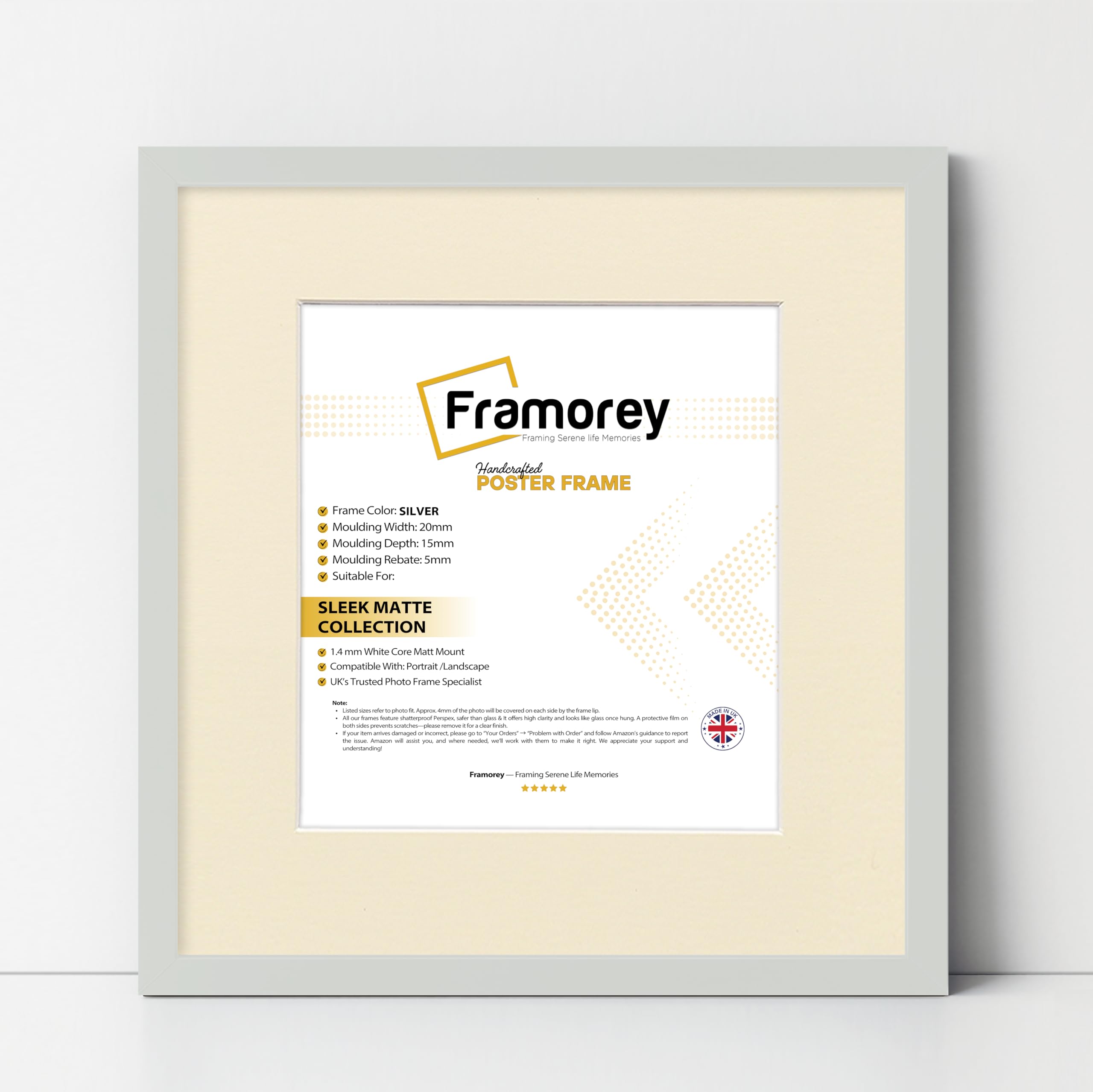 Framorey Framing Serene Life Memories Silver With Ivory Framorey Square Size Thin Matt Photo, Handmade Flat Thin Picture Frame, 6X6" Size Silver Picture Frame With 4X4" Size Ivory Mount, Photo Print Frames