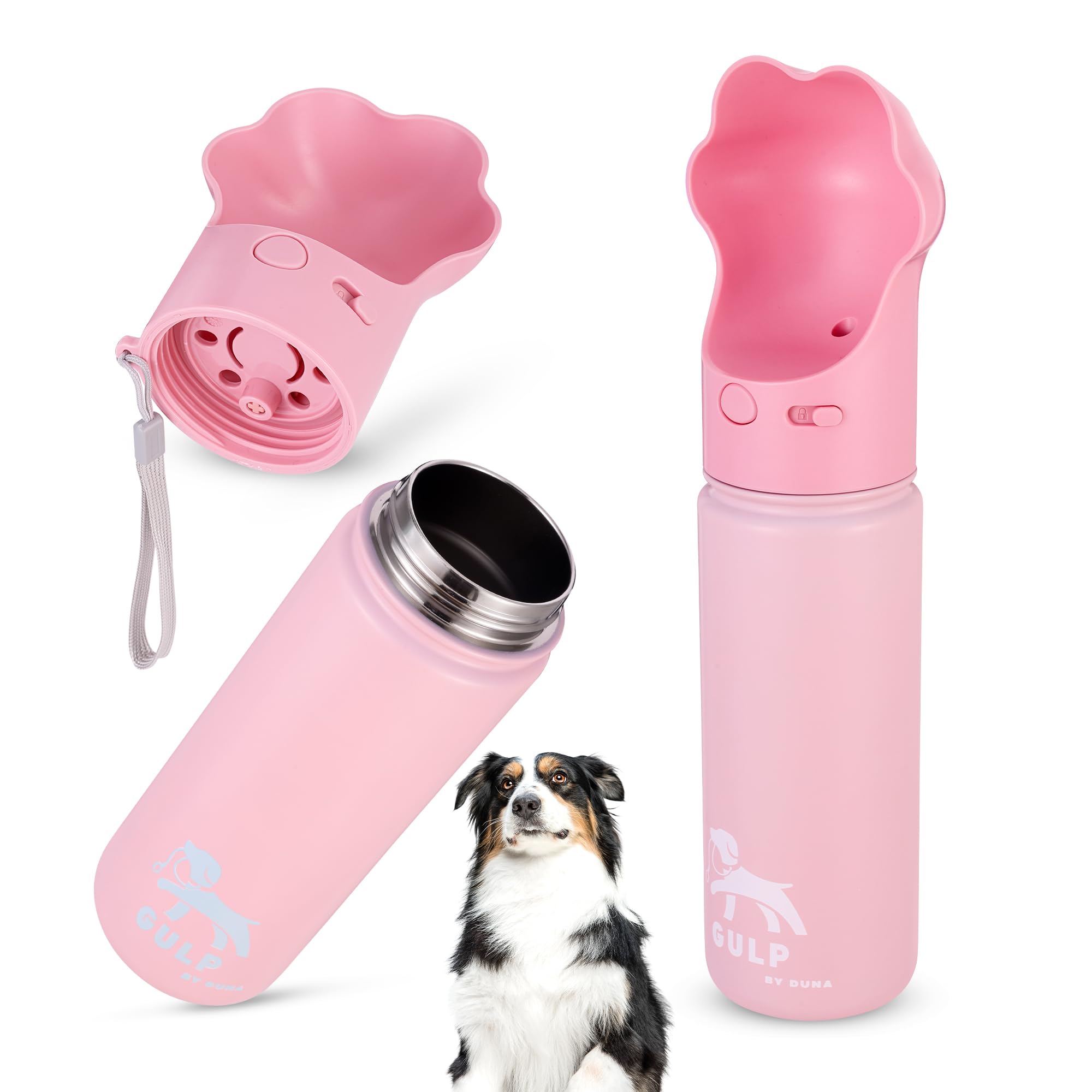 Gulp by Duna - 18oz Insulated Stainless Steel Travel Dog Water Bottle with Paw-Shaped Bowl | Leakproof & Portable | Includes Carry Strap