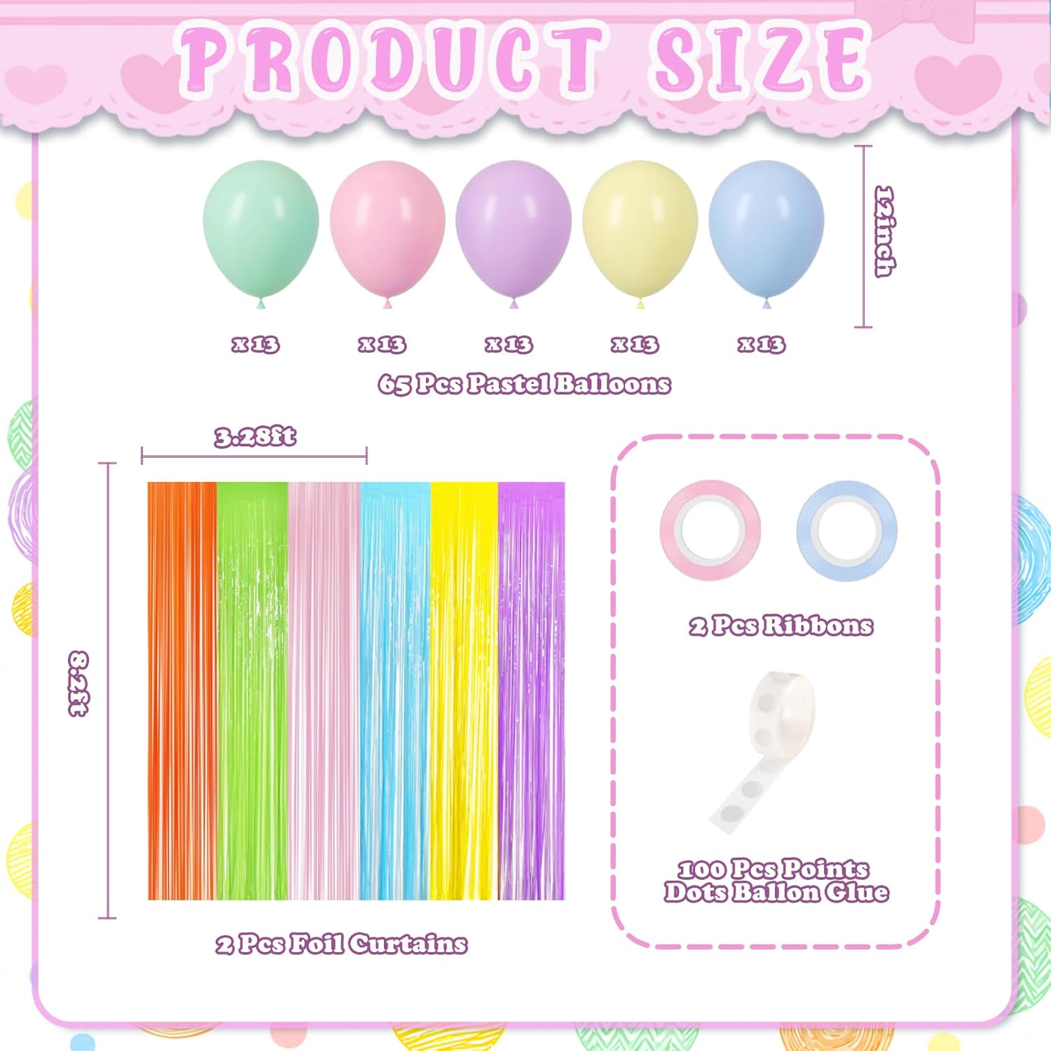 Birthday Decorations Pastel Party Backdrop, Fufuddz 65Pcs Macaron Balloons & 2Pcs 3.3x8.2ft Rainbow Foil Curtains Unicorn Decor for Girls Bridal Baby Shower Colorful Supplies Easter Streamers Gifts