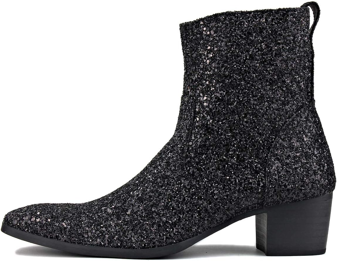 OSSTONE Dress Boot for Men Leather Glitter Chukka Designer Boots Casual Heel Shoes Zipper-up - Image 2