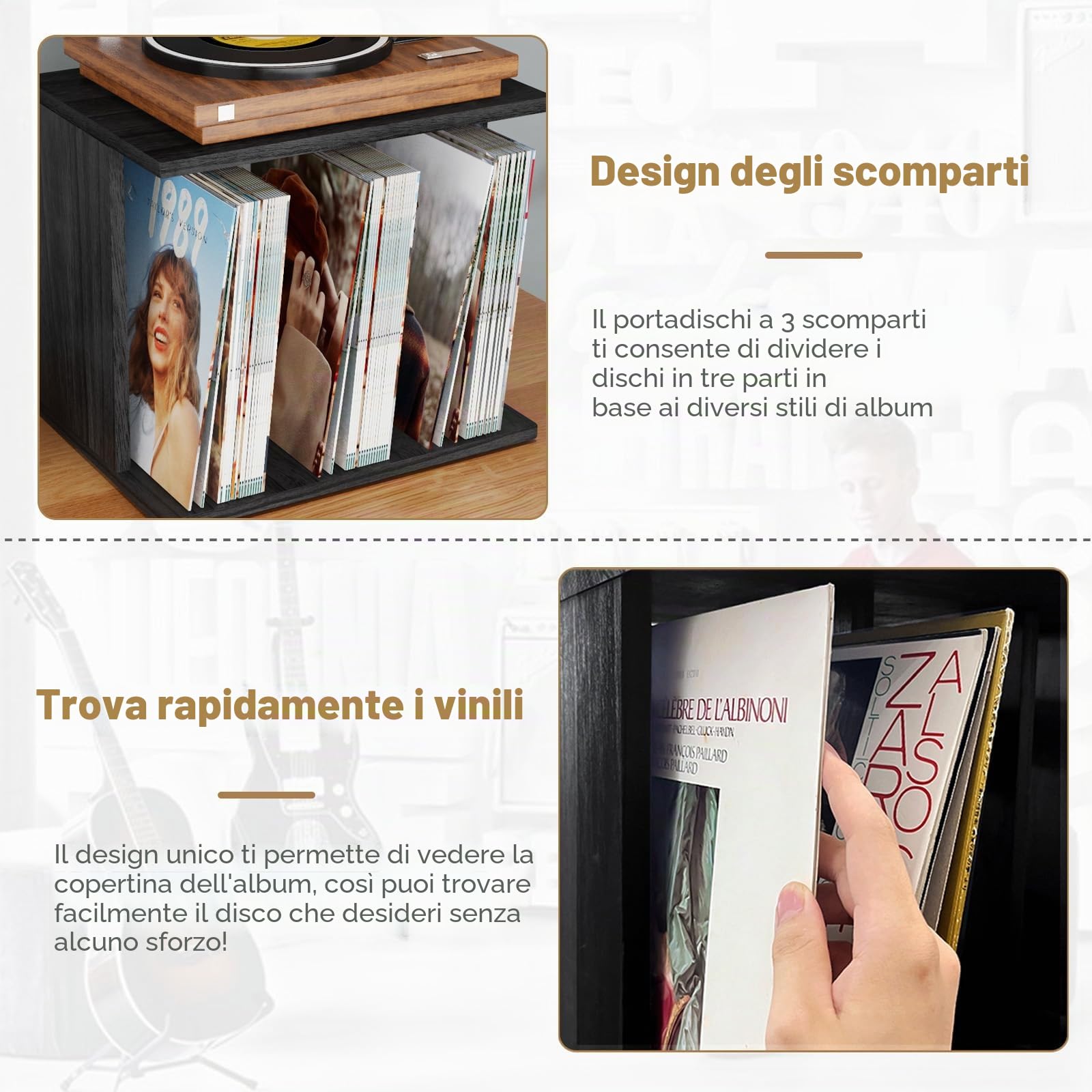 Supporto in legno, con scatola vinile, montaggio a parete, stile vintage, mobile 3 scomparti, giradischi vinile stand fino a 100 album, per soggiorno, ufficio