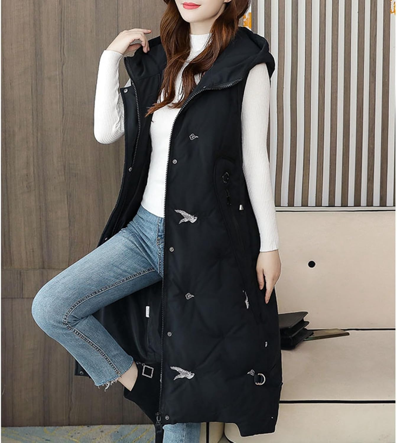 [Monotory] 刺繍 ダウンベスト 春秋冬 レディース 学生 ロング丈 厚手 フード ノースリーブ ジップアップ ポケット 中