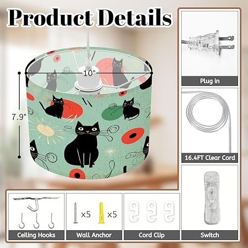 Miniatura 4 de Boho Plug in Pendant Light Cheerful Atomic Black Cats Bright Retro Futuristic Colors 16.4ft Plug in Cord Dimmable Hanging Lamp Fabric Lamp Shade