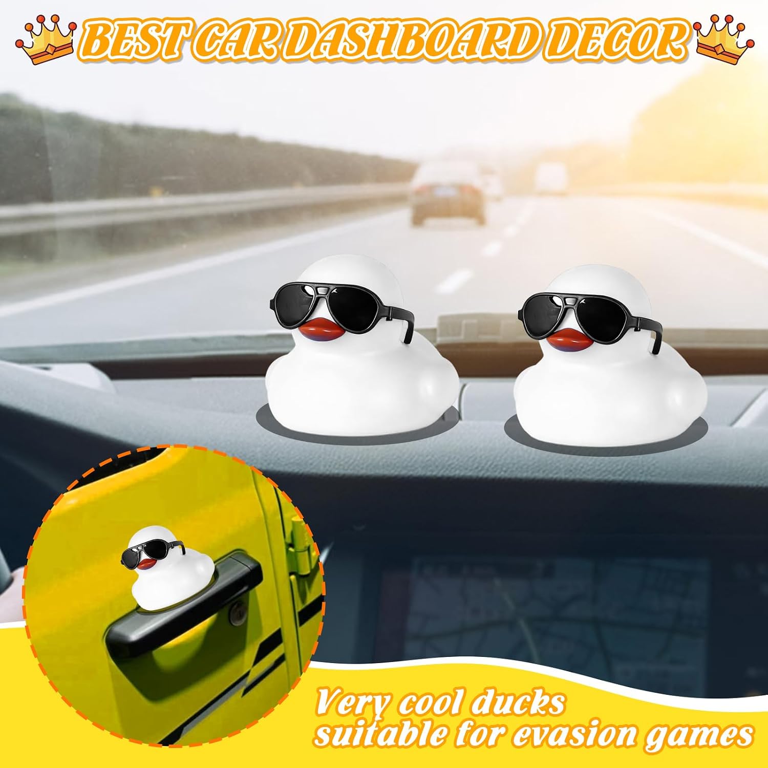 12Pcs White Rubber Ducks with Sunglasses, Mini Rubber Ducks in Bulk, Funny Car Accessories, Home Decoration (White Ducks, 12 Glasses, 12 Large Stickers)