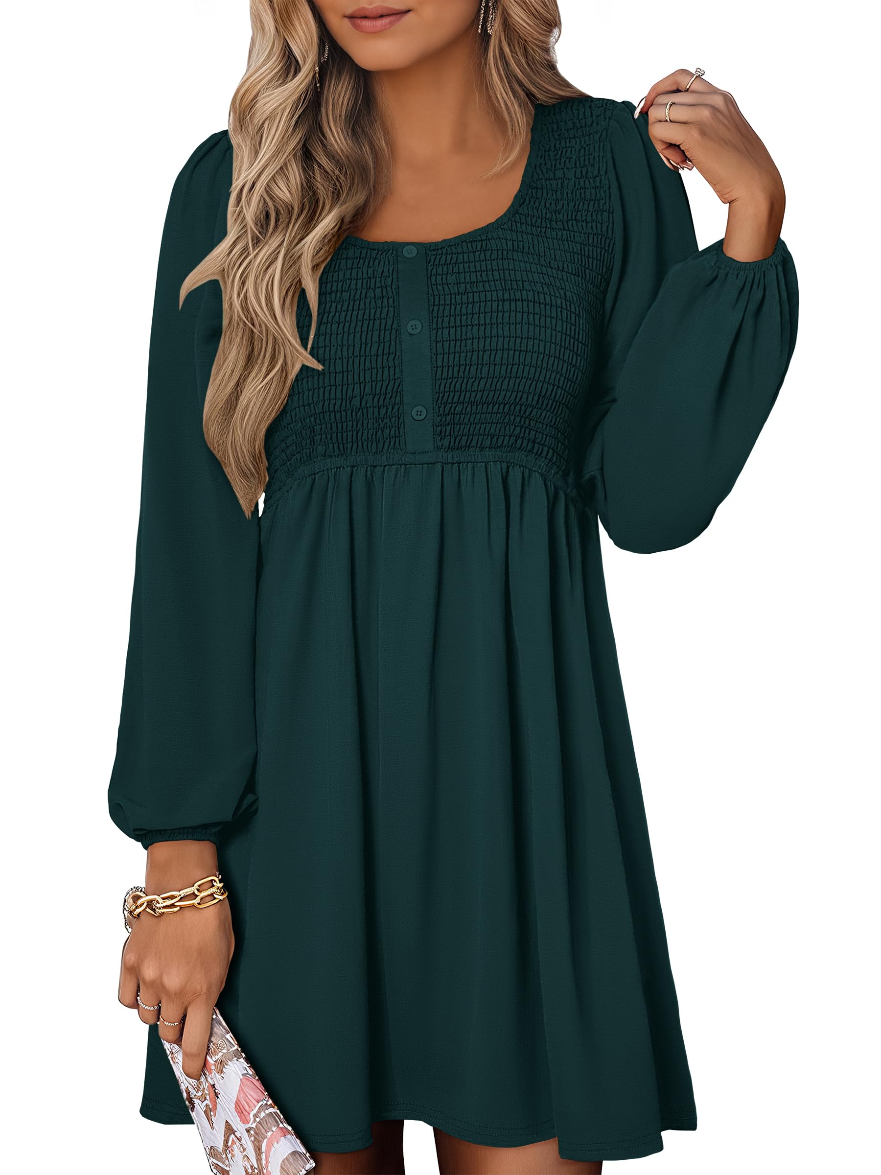 ANRABESS Womens Long Lantern Sleeve Dresses 2025 Fall Casual Smocked A-Line High Waist Flowy Short Dress with Pockets