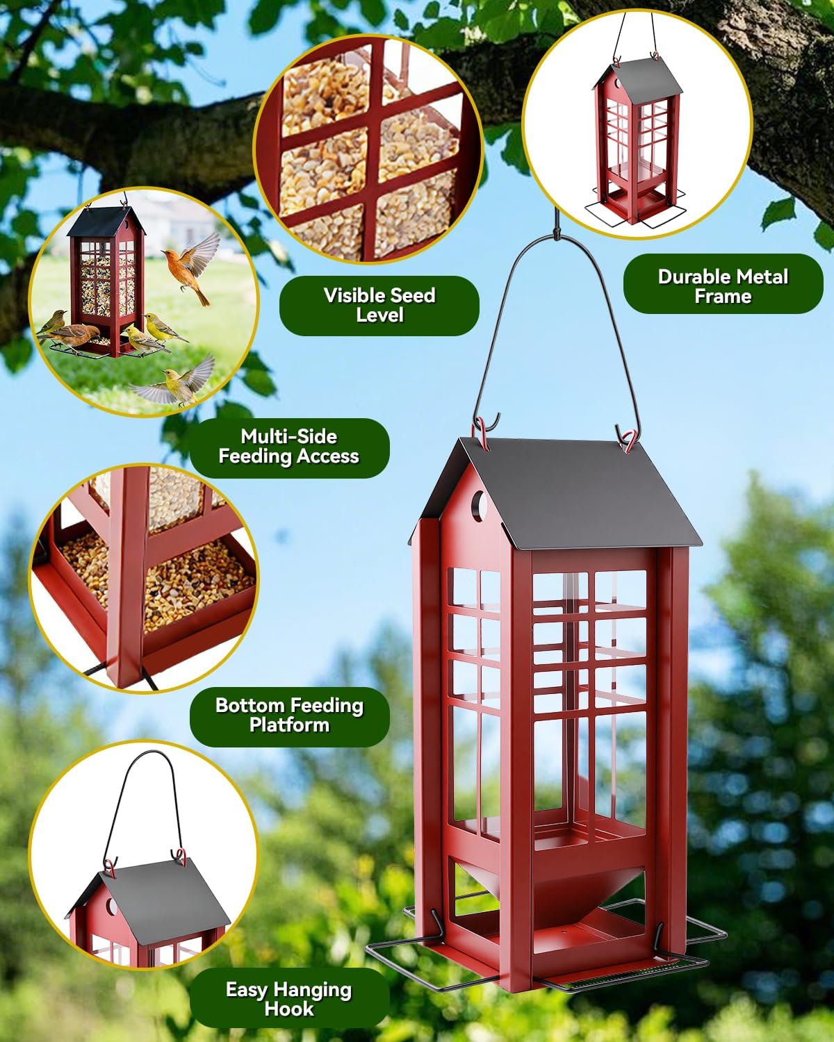 Hanging Bird Feeder for Outdoors, Metal Bird Seed Feeder with Roof, Large Capacity Wild Bird Feeder for Garden Yard Patio, Squirrel Resistant Easy Refill Bird Feeder - Image 5
