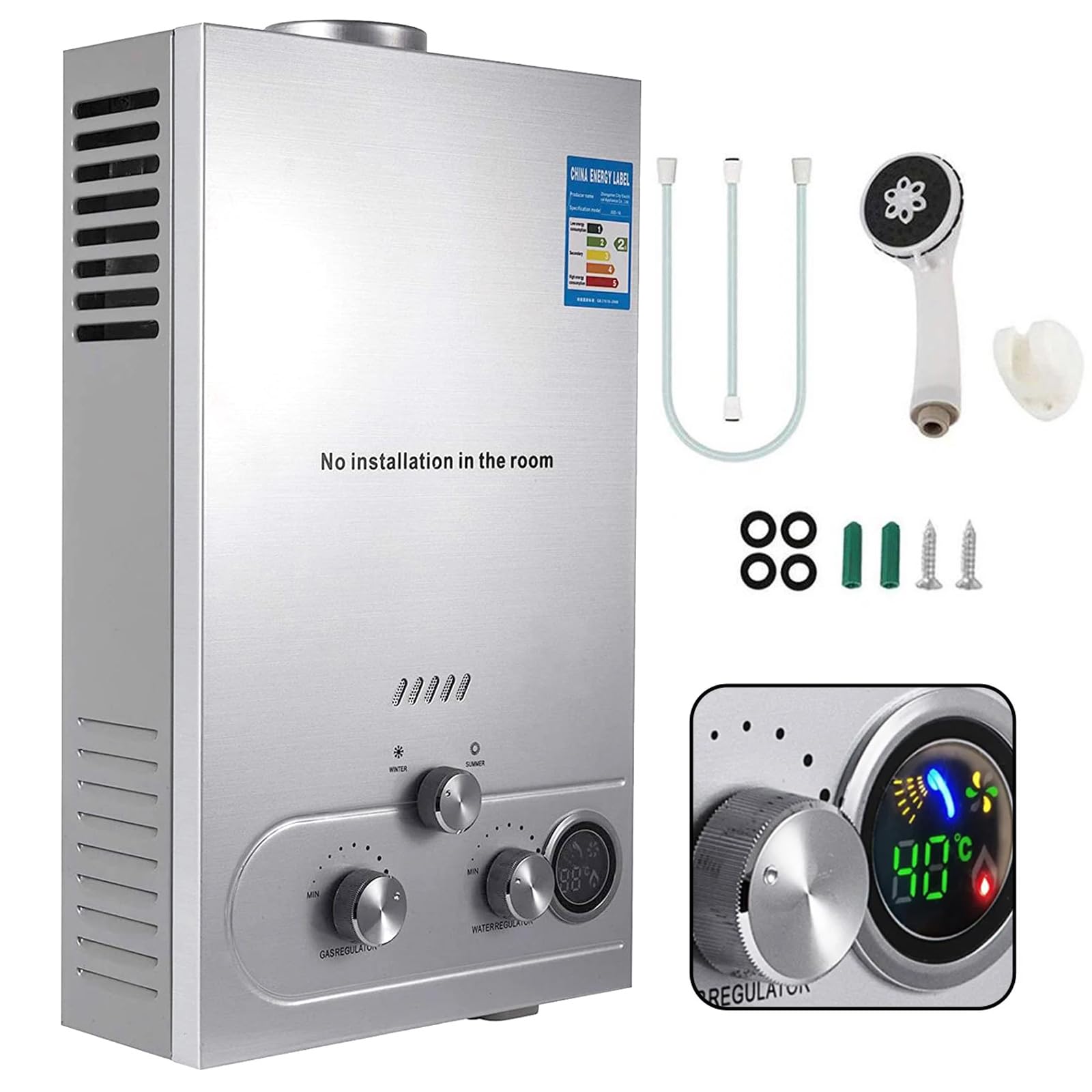 Chauffe-eau à Gaz 12LPM, Chauffe-eau Instantané au Gaz Propane GPL 6L avec Kit de douche, Modes Hiver Et éTé, Protection Contre La Surchauffe, pour brûleur de chaudière pour Camping, Maison (6L 12kw)