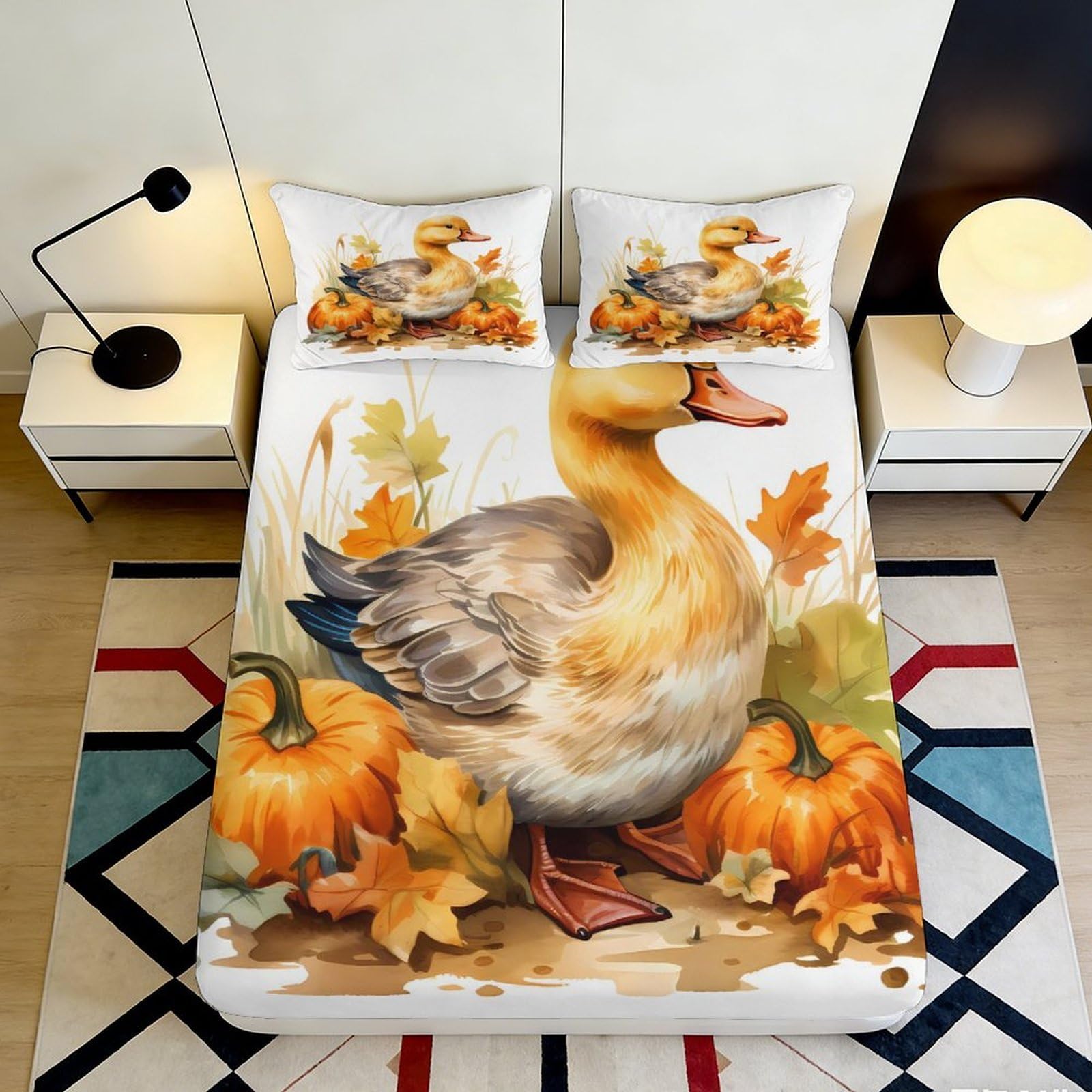 Jqzkxnhpbr Style-2 3D Printed Goose Pumpkin Fitted Sheet Microfiber Autumn Leaves Mattress Cover Non-Slip Washable Bedroom Decor 90X200x25cm