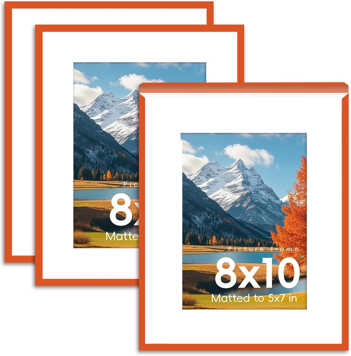 8x10 3 Pack Orange Picture Frames, Shiny High-Gloss Poster Frames for Gallery Wall, Art Prints, Photos & Posters, Horizontal or Vertical Display, Modern Home Decor