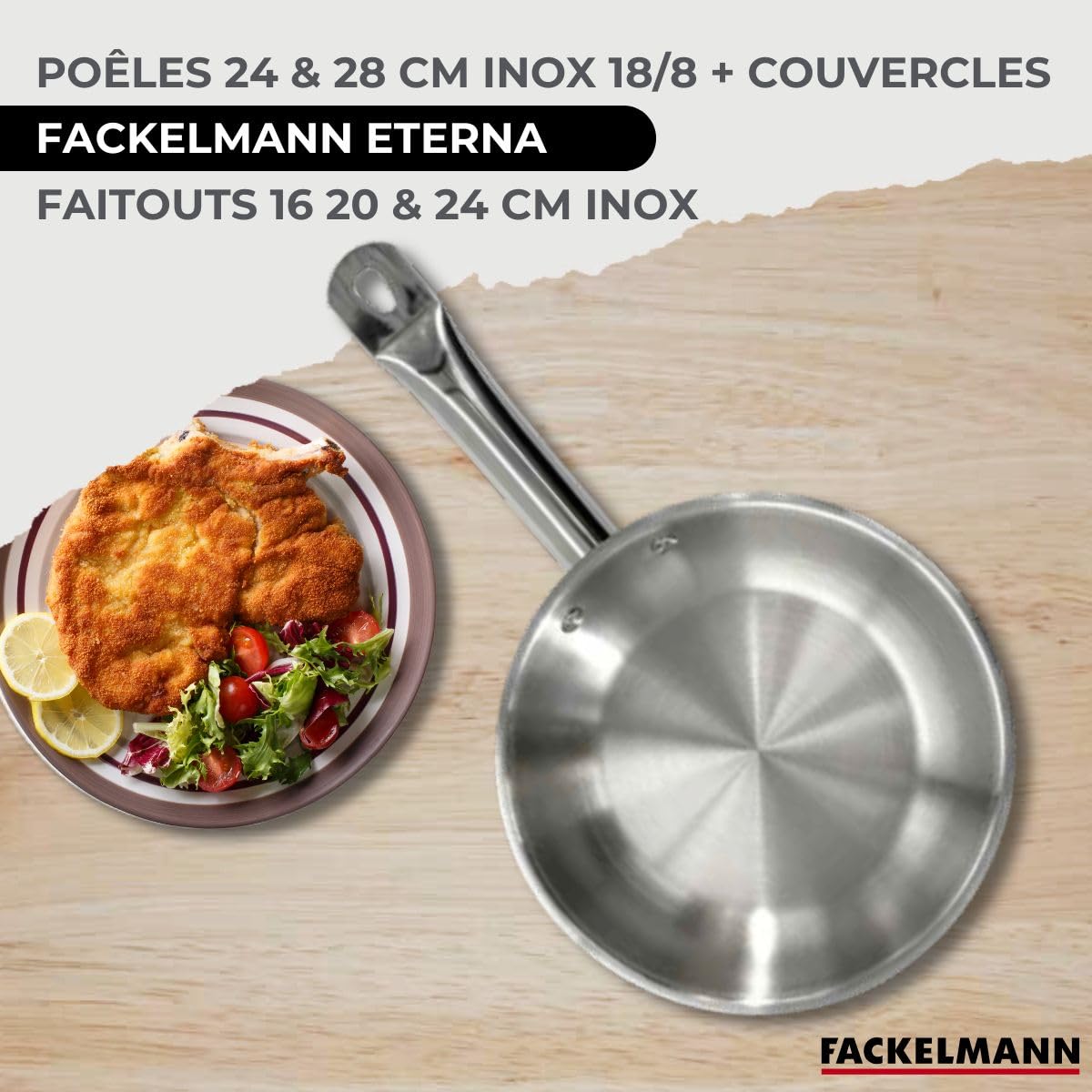 Fackelmann Batterie 2 poêles 24/28 cm, couvercles et faitouts | Lot complet pour équiper la cuisson, 2 poêles et 3 faitouts, Inox et verre, Couvercles 24 et 28 cm, Induction gaz four