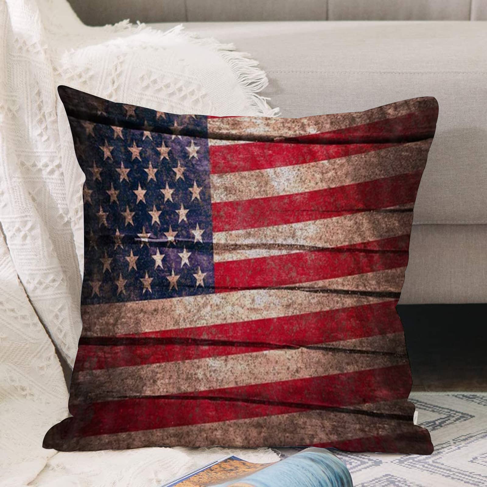 2er-Set Kissenbezüge Mit Amerikanischer Flagge & Hochland-Rinder-Muster – Wendbar, 45,7x45,7 Cm, Für Wohnzimmer & Deko