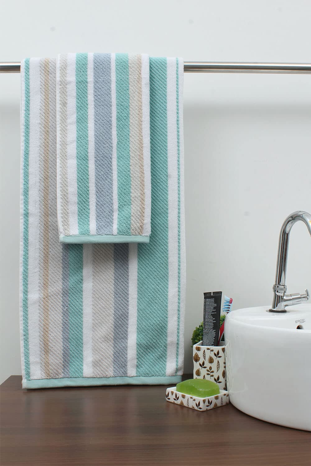 AVI LivingTextured Stripe Towel Set, 1 Bath Towel, 2 Hand Towels,|Machine Washable | Easy to Maintain|Man|Woman|Mint, GSM 600