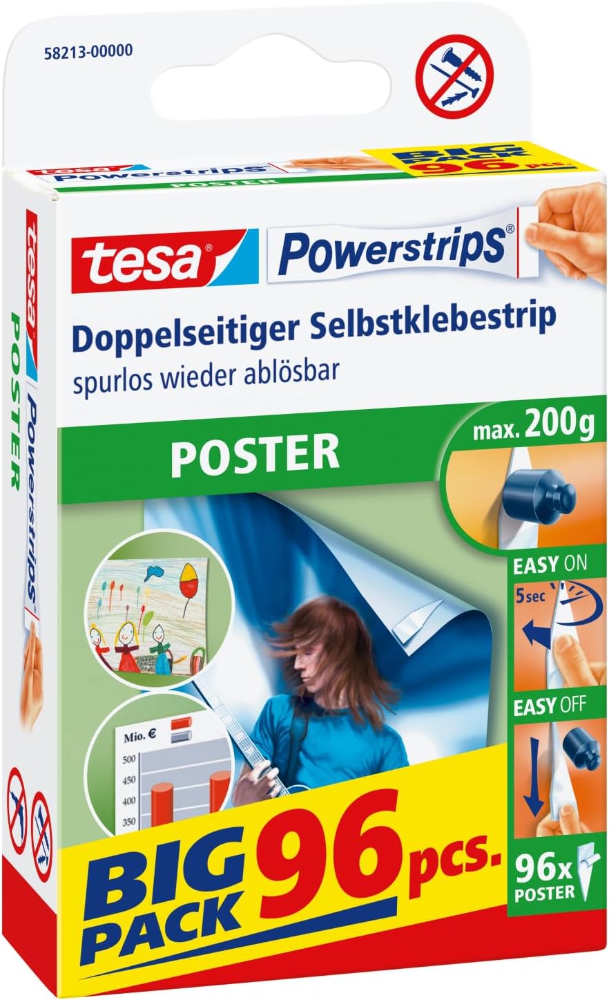 tesa Powerstrips POSTER - Double-Sided Adhesive Strip for Posters - Self-Adhesive Picture Hanging Strips - Tapered -Holds up to 200 g - Pack of 96