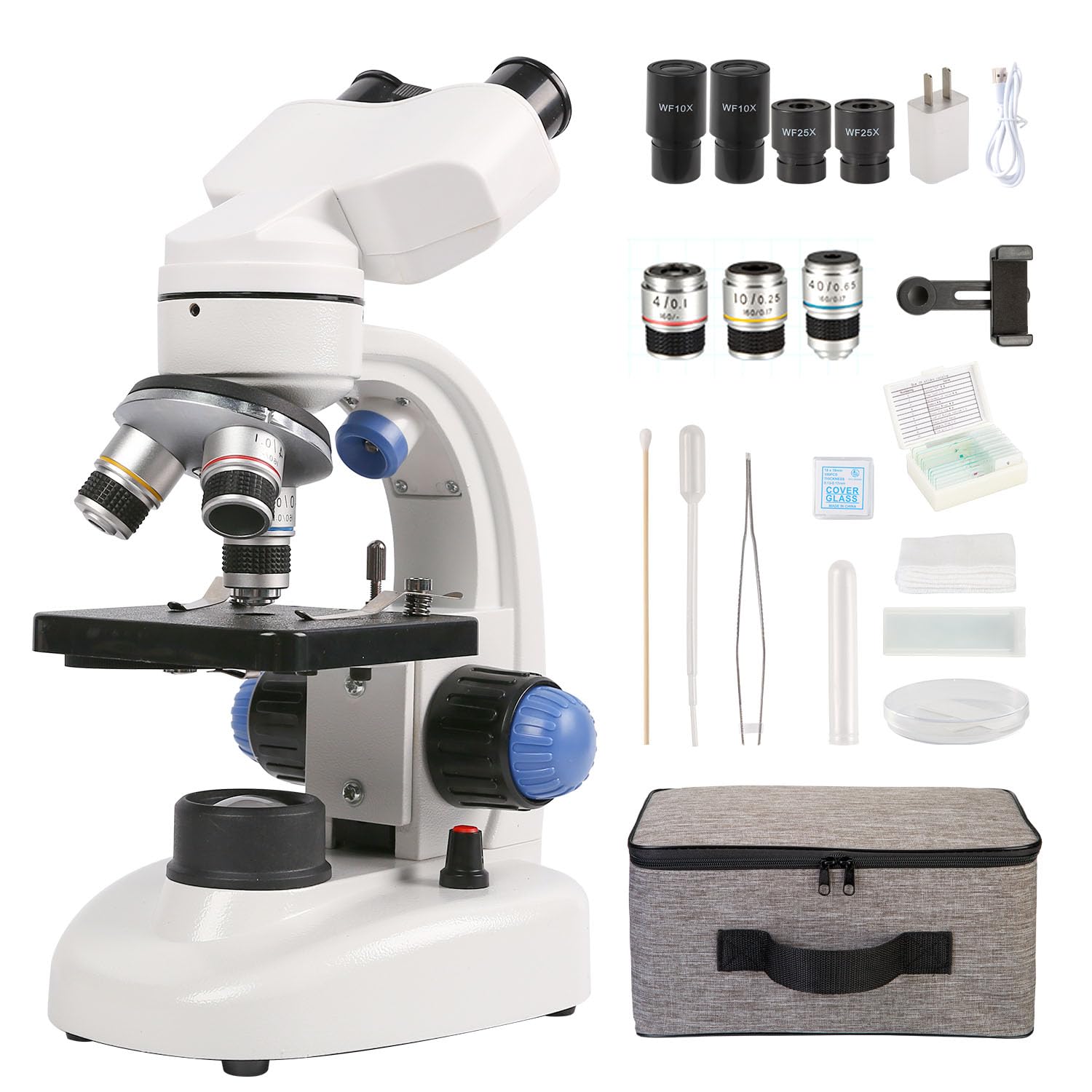 Binocular Microscope 40X-1000X LED Lighting for Kids Students Adults School Lab Home Education with Microscope Slides Set,Phone Adapter