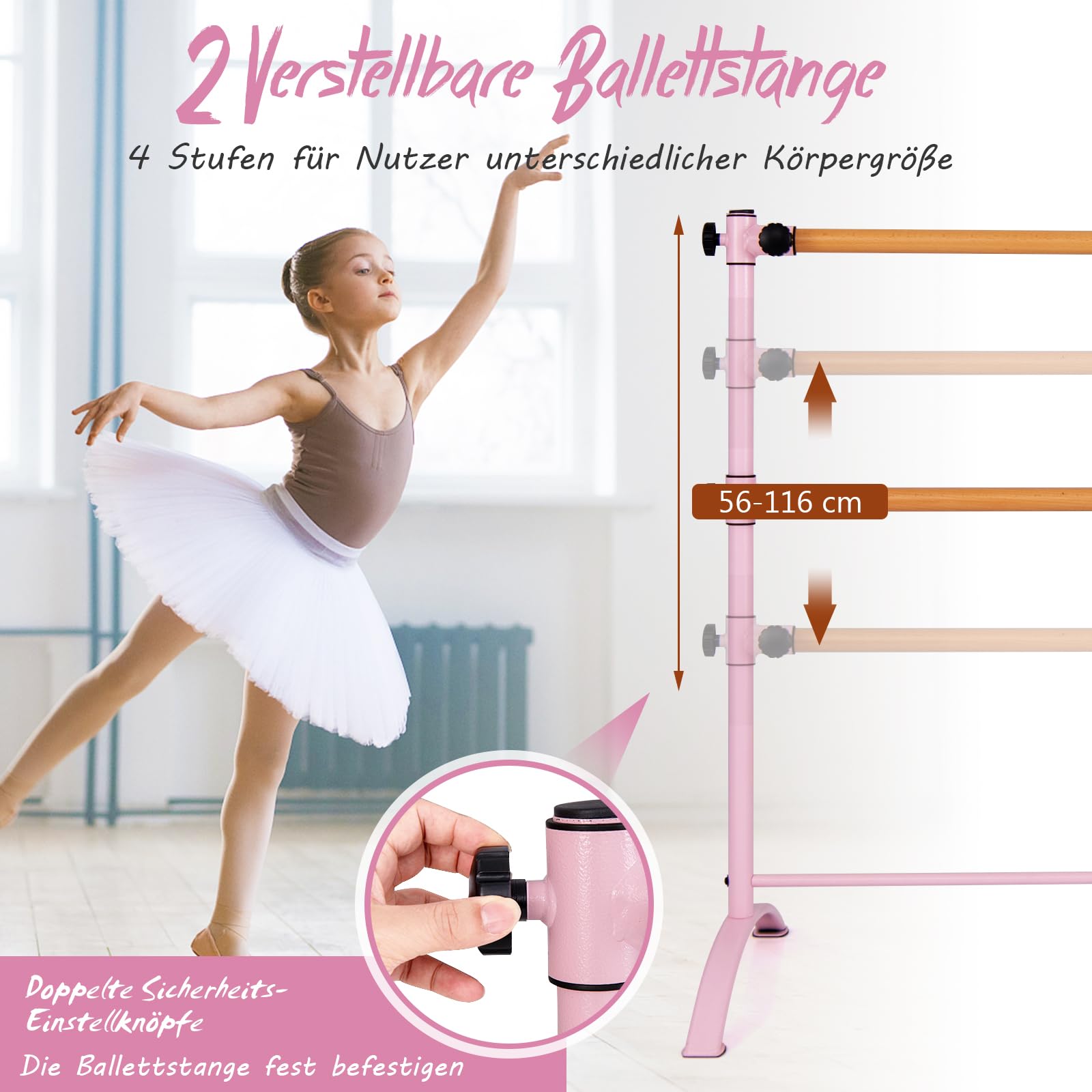 COSTWAY 120cm Ballettstange freistehend, Ballet Bar 4 stufig höhenverstellbar, Ballett Barre mit 2 Holzstangen, Stretch Barre bis 50KG belastbar, ideal für Kinder und Erwachsene