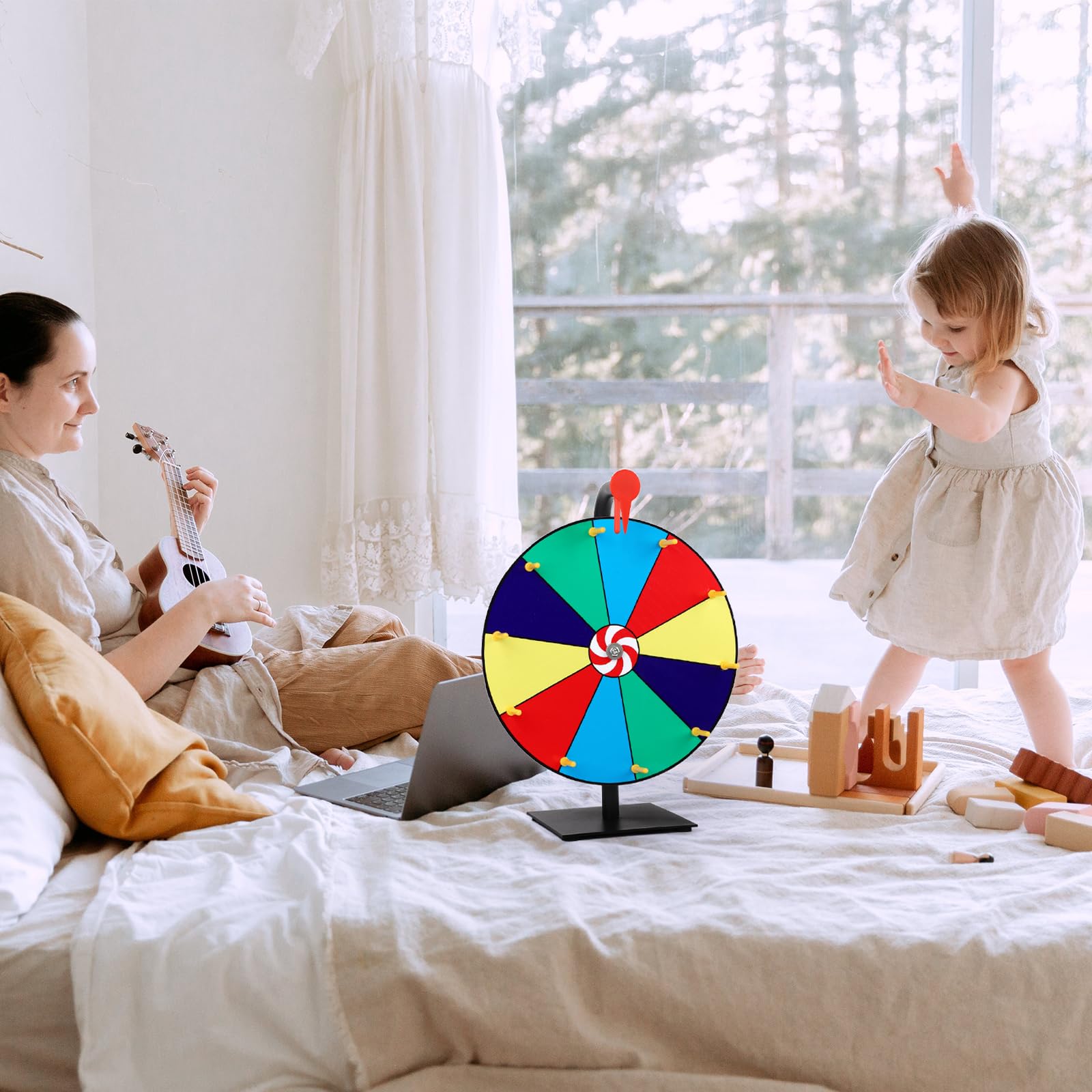 NQEUEPN 40cm Ruota dei Premi Che Gira, 10-Slot Tavolo Ruota Fortuna con Supporto, Ruota della Roulette con Cancellazione a Secco e Pennarello per Carnevali Fiere Gioco Spin