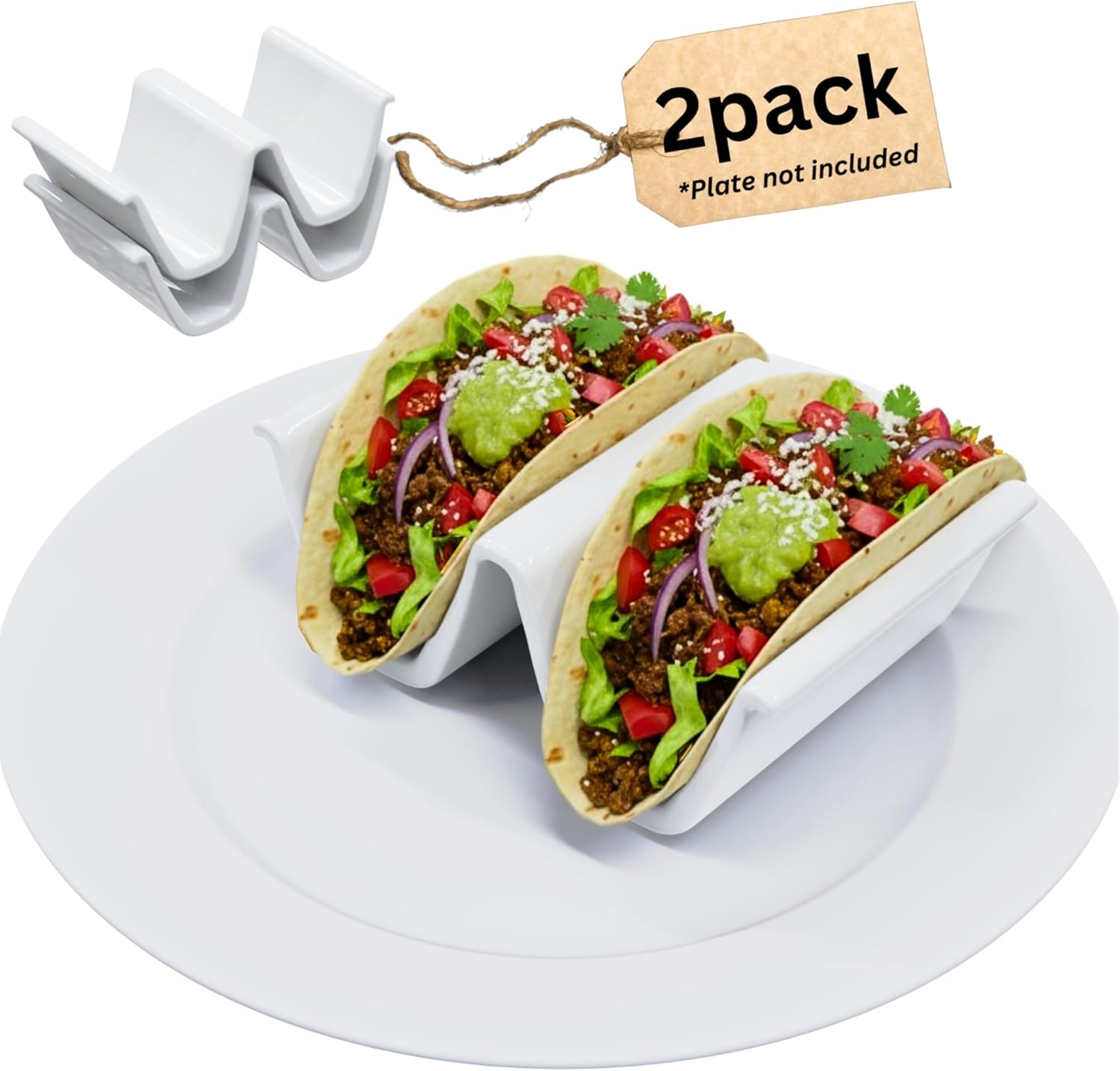 HolaTasty Taco Holder Ceramic, Dual Taco Stand for Plates - Large Taco Rack 2-Slot for Standard Soft Tacos, Party Taco Server Regular Taco Holder, Taco Heater for Microwave Oven - Set of 2, White Soft Tortillas - 2 Slots White - 2 Pack