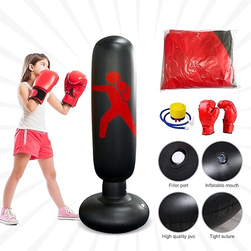 Miniatura 5 de Saco de boxeo 3 en 1 para niños, bolsa de boxeo inflable. Juego de práctica de boxeo para niños, rebote instantáneo para practicar karate,