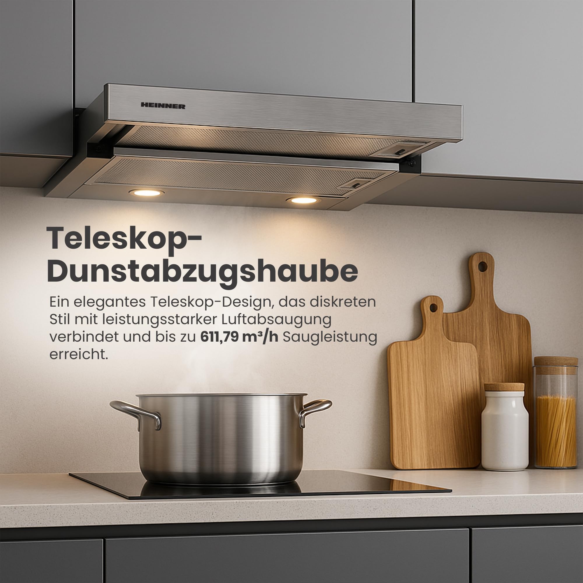 HTCH-F660IX Teleskop-Dunstabzugshaube - 60 cm, 612 m³/h Absaugung, 200 W Motor, Dual 1,5 W LED-Leuchten, Edelstahl-Finish, 5 Jahre Garantie
