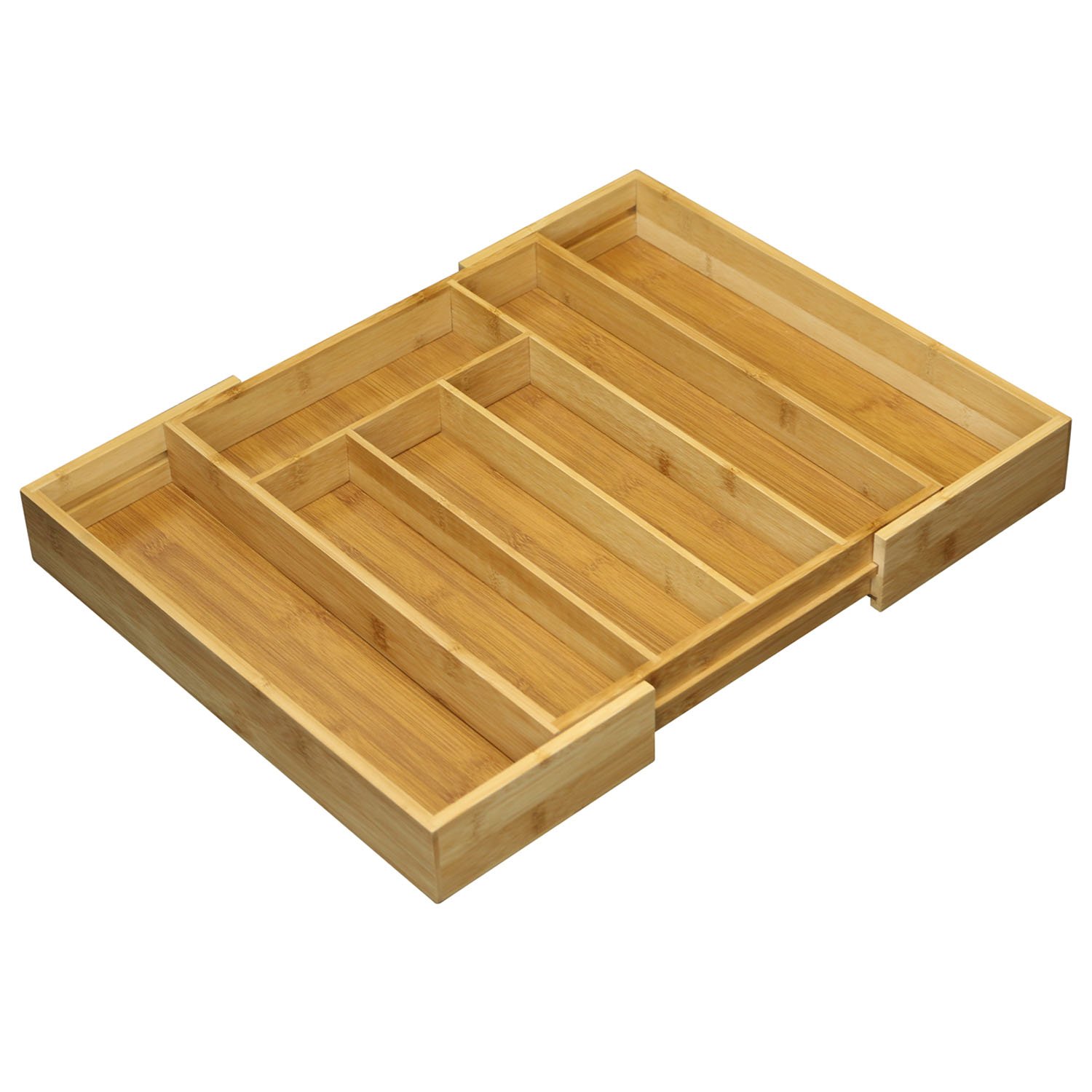 Taylor & Braun® Verstellbarer, ausziehbarer Bambus-Besteckkasten mit 5 bis 7 Fächern, Größe: 5 x 48,5 x 37 cm, natürliches Braun, Schubladeneinsatz