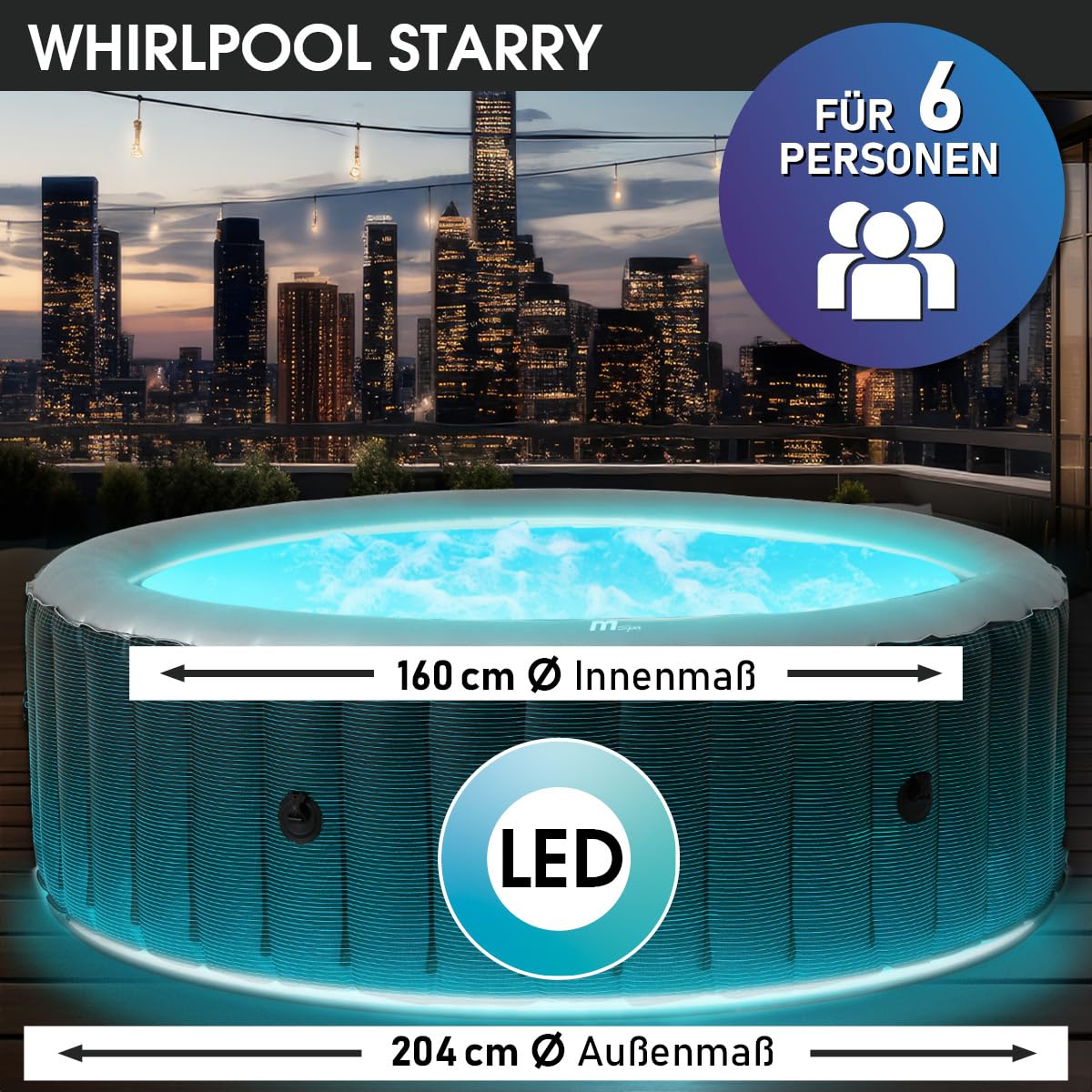 BRAST Whirlpool aufblasbar MSpa Starry mit LED Beleuchtung für 6 Personen Ø204x70cm In- Outdoor Pool 138 Massagedüsen Energiespar-Timer Heizung Bubble Wellness Massage