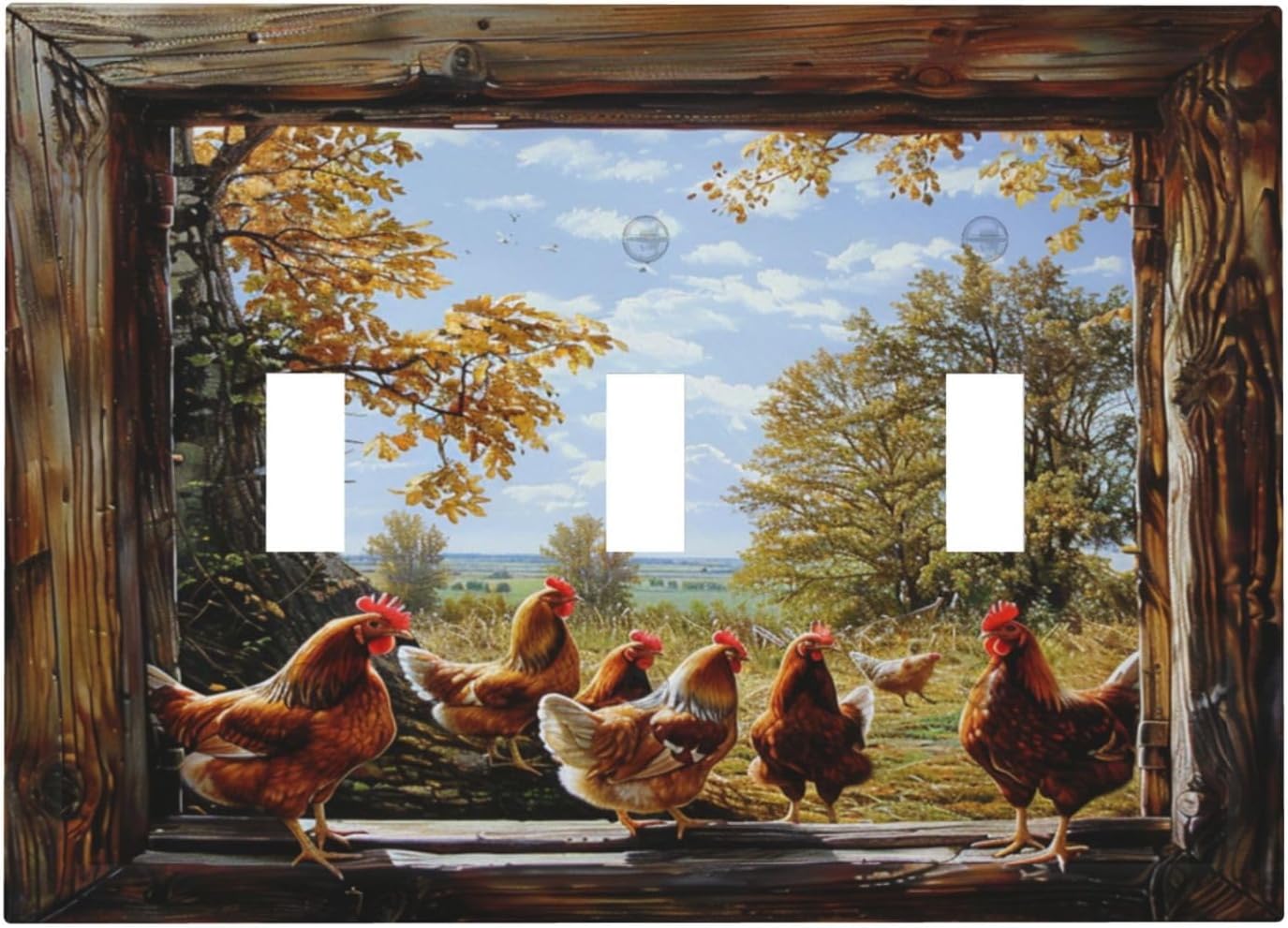 Decorative Switch Covers Plate Wooden Window Rooster Rural Scenery 3 Gang Wall Plate Oversized Triple Toggle Light Switch Plate Jumbo Faceplate for Bedroom Home Decor