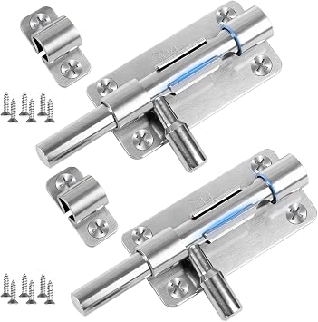 2 Set Door Lock Bolt, 4 Inch Bolt Lock Stainless Steel Heavy-Duty Gate Bolt, Silver Door Latch Security Slide Bathroom Lock with Screws, Door Bolts for Internal Doors, Garden Sheds, 100mm