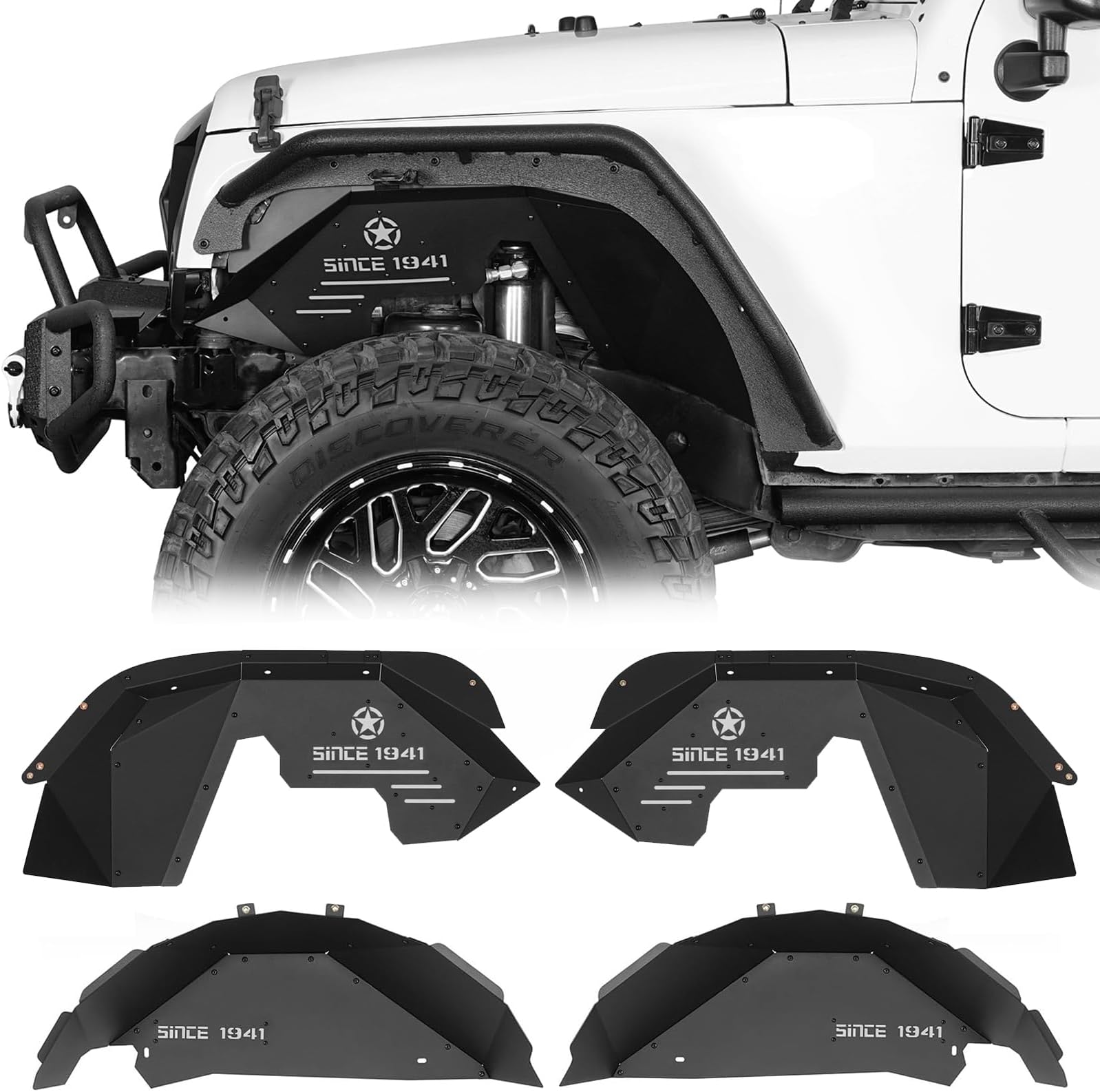 Hooke Road Aluminum JK Front & Rear Inner Fender Liner Kit for 2007-2018 Jeep Wrangler JK & Unlimited 2/4 Door Splash Mudguard Wheel Well Liner Cover - 4 Pcs