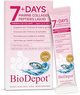 7+Days Liquid Marine Collagen Peptides for Women, 14-Day Supply | 6g Types I, II, III, IV & V with Biotin, Hyaluronic Acid and Vitamin C for Skin, Hair, Nails and Joint Support, 14 Sticks