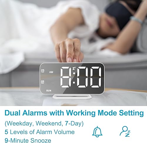 Miniatura 3 de Reloj despertador digital LED súper delgado, superficie de espejo para maquillaje, con modo de atenuación, 4 niveles de brillo, pantalla grande,