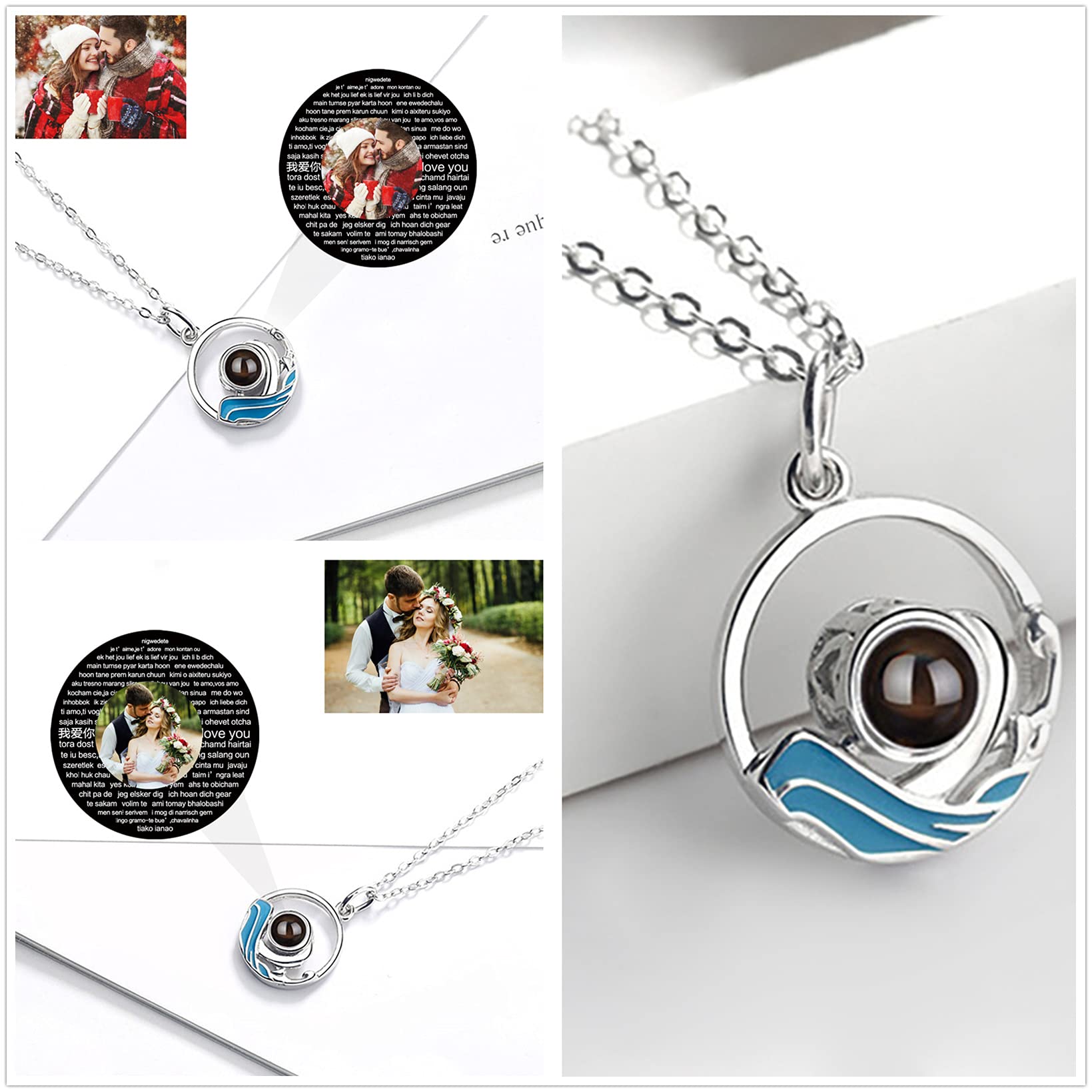Collar de montaña con foto personalizada colgante de ola oceánica joyería de pareja